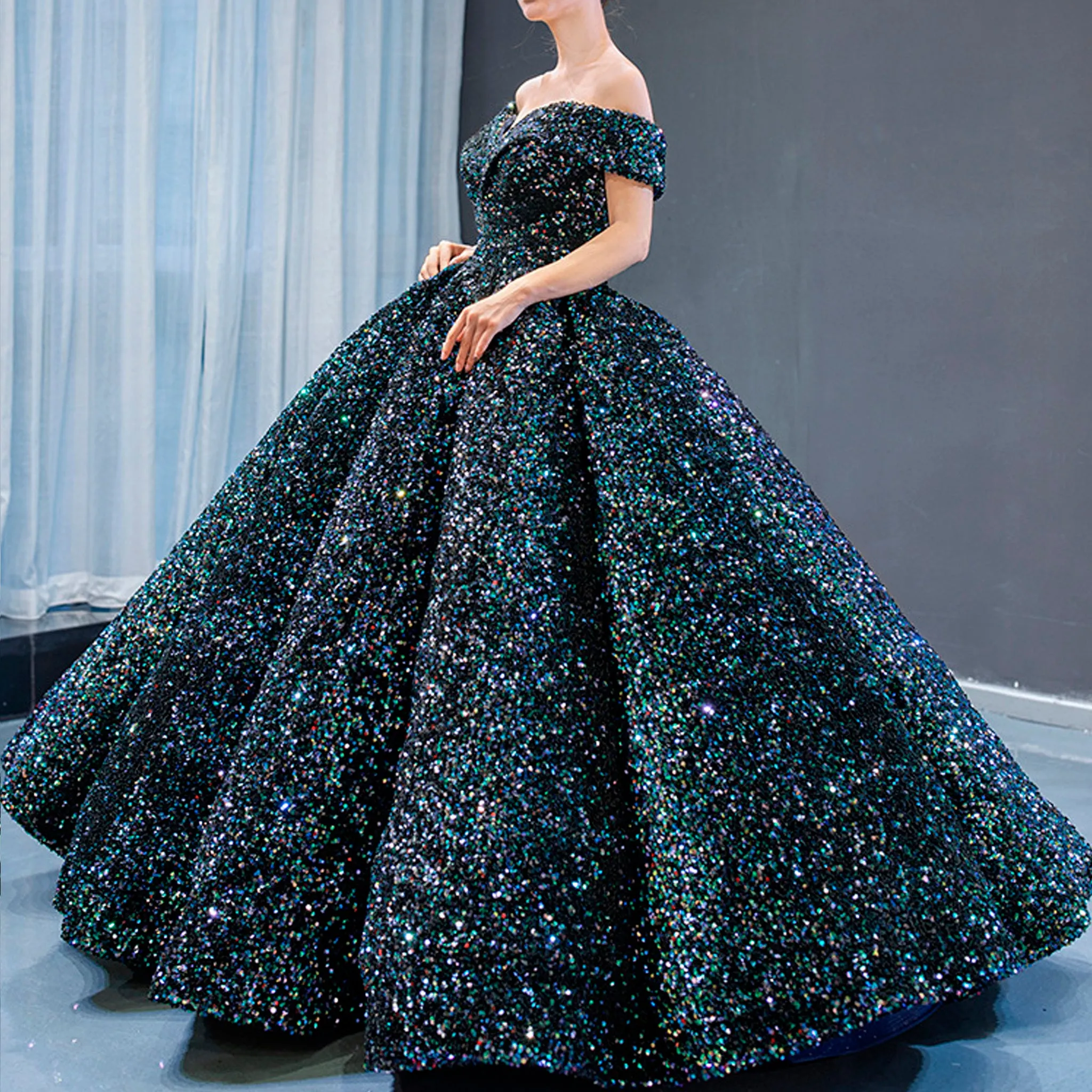 Off Shoulder V Neckline Sparkly Quinceanera Ball Gown