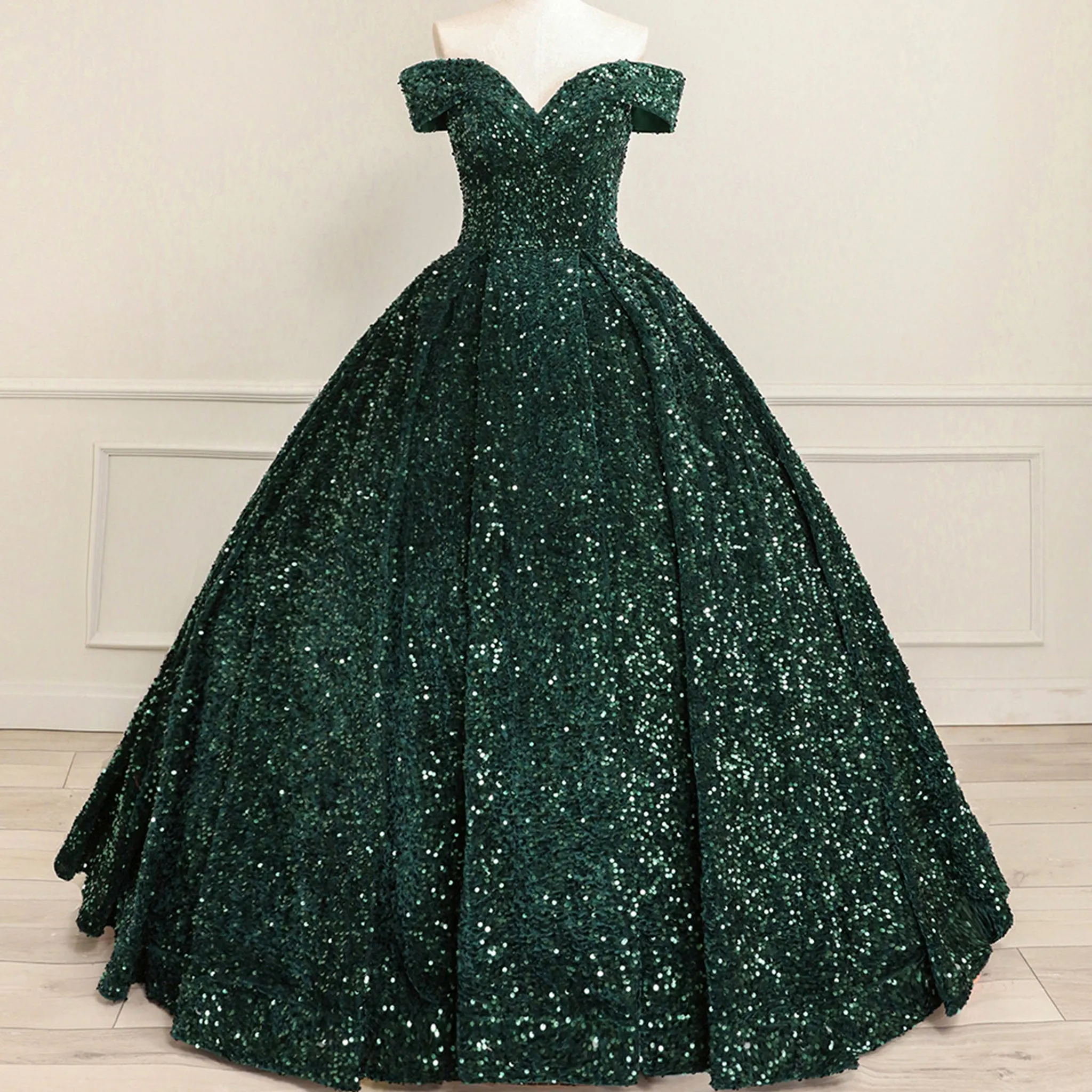 Off Shoulder V Neckline Sparkly Quinceanera Ball Gown