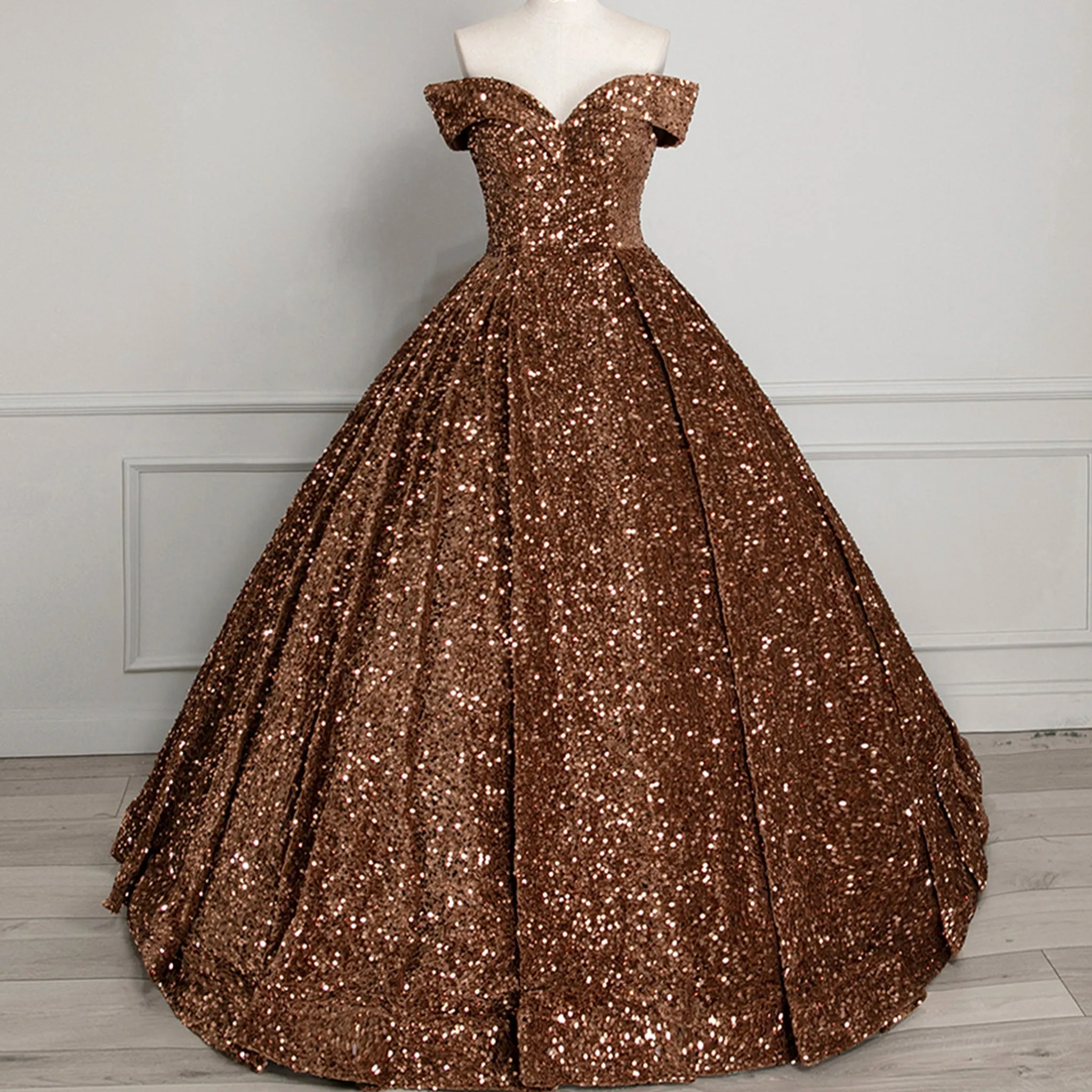 Off Shoulder V Neckline Sparkly Quinceanera Ball Gown