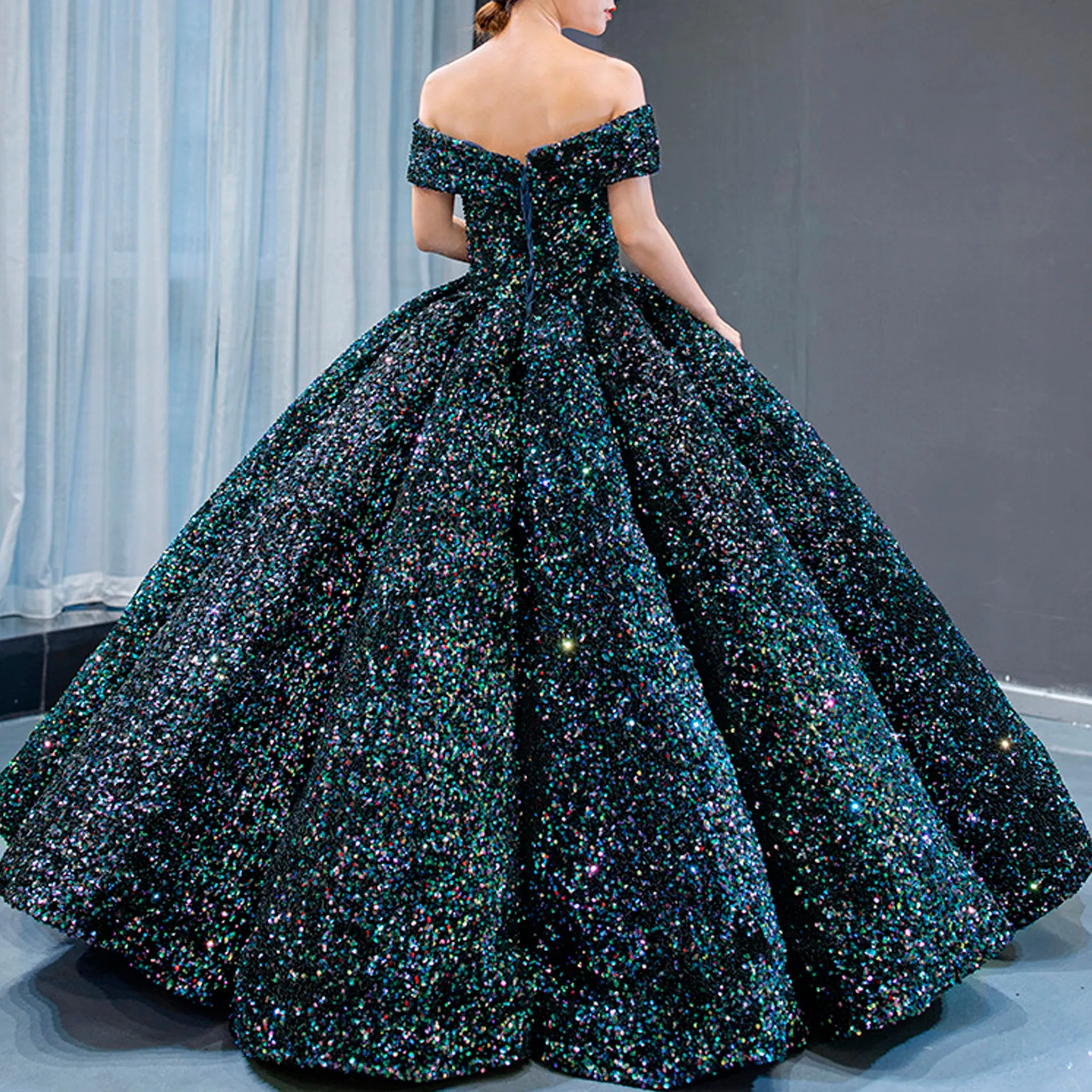 Off Shoulder V Neckline Sparkly Quinceanera Ball Gown