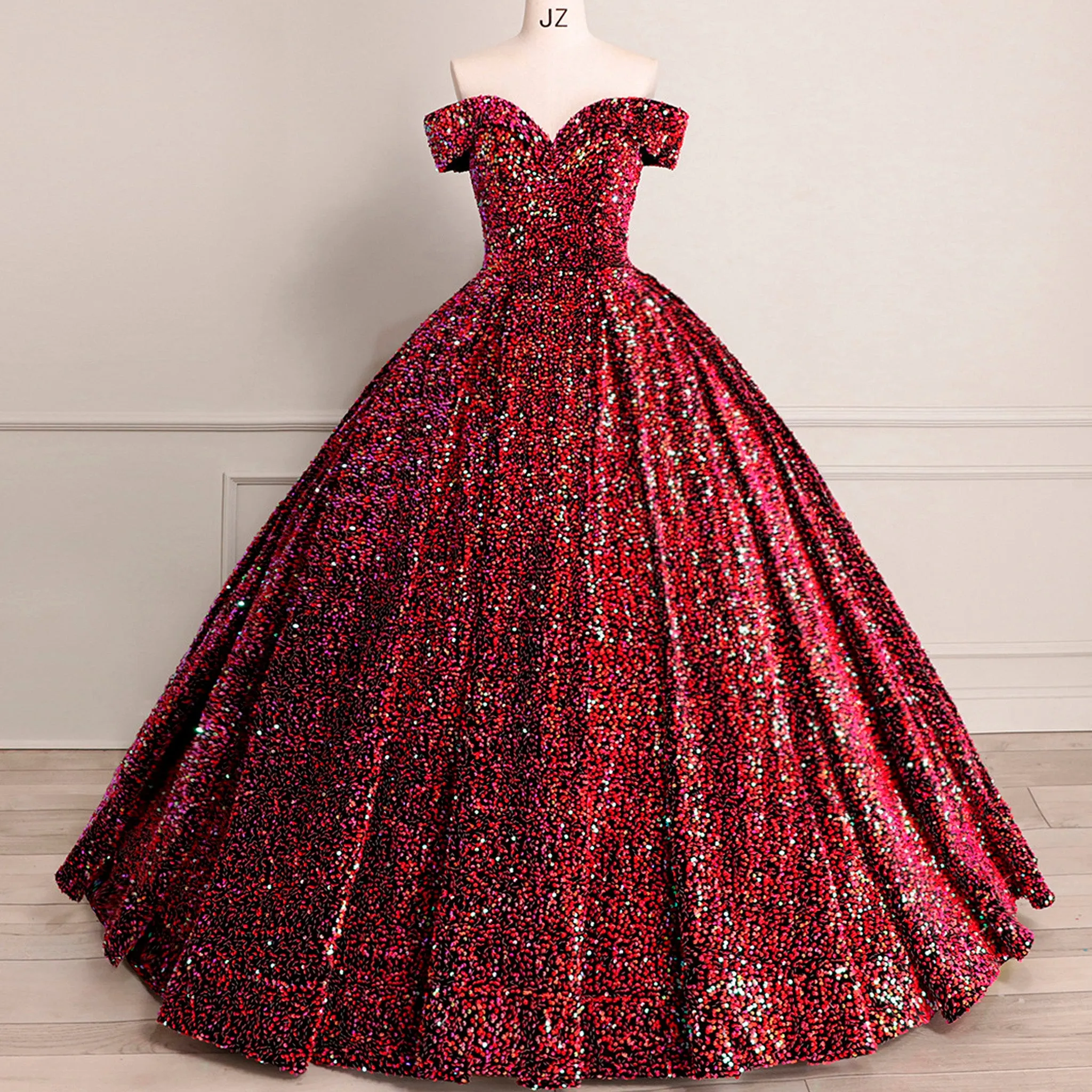 Off Shoulder V Neckline Sparkly Quinceanera Ball Gown