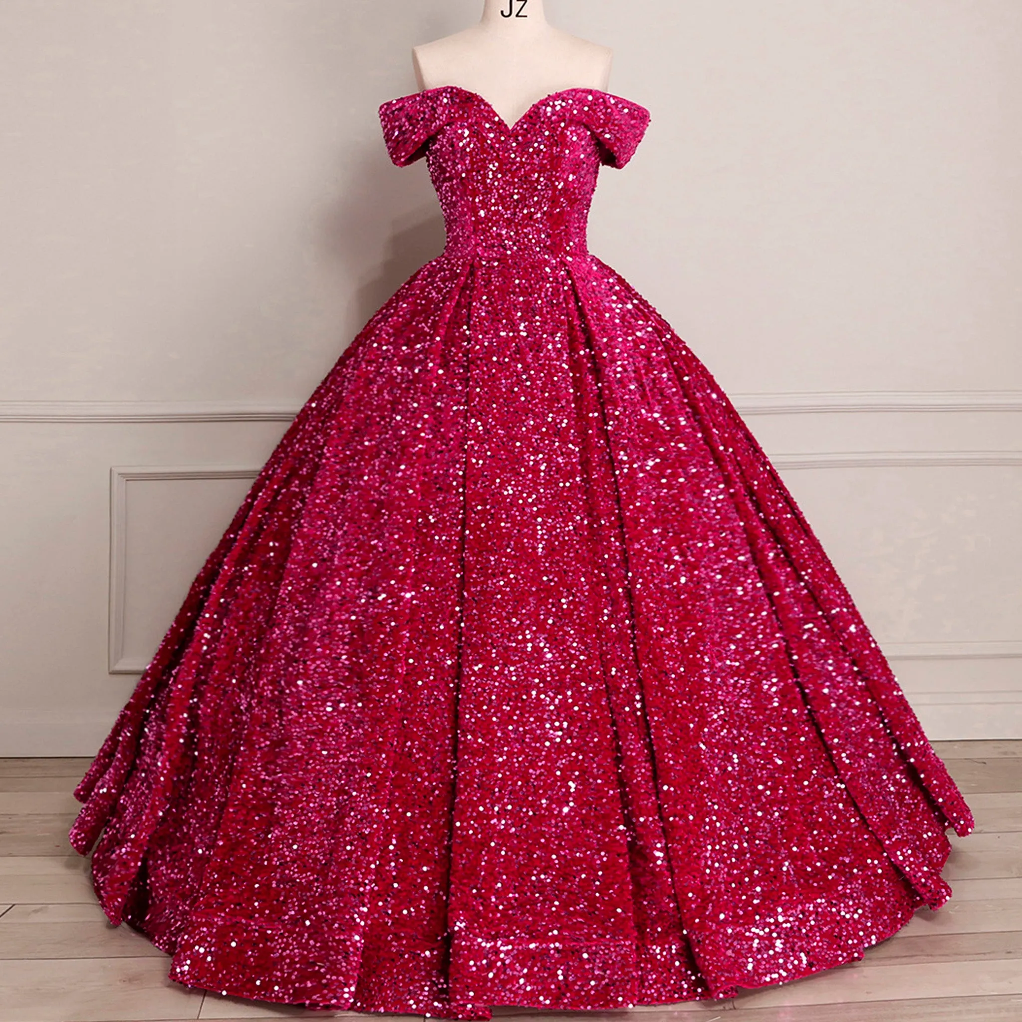Off Shoulder V Neckline Sparkly Quinceanera Ball Gown