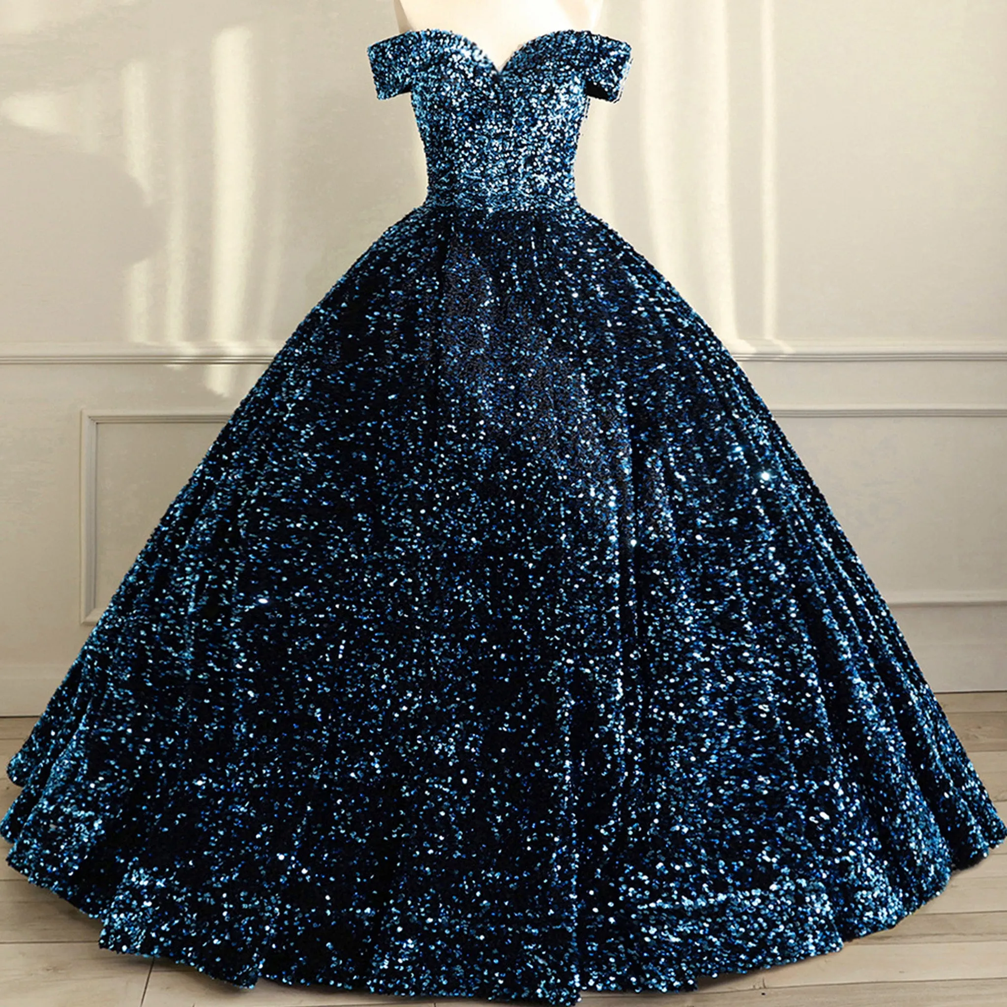Off Shoulder V Neckline Sparkly Quinceanera Ball Gown