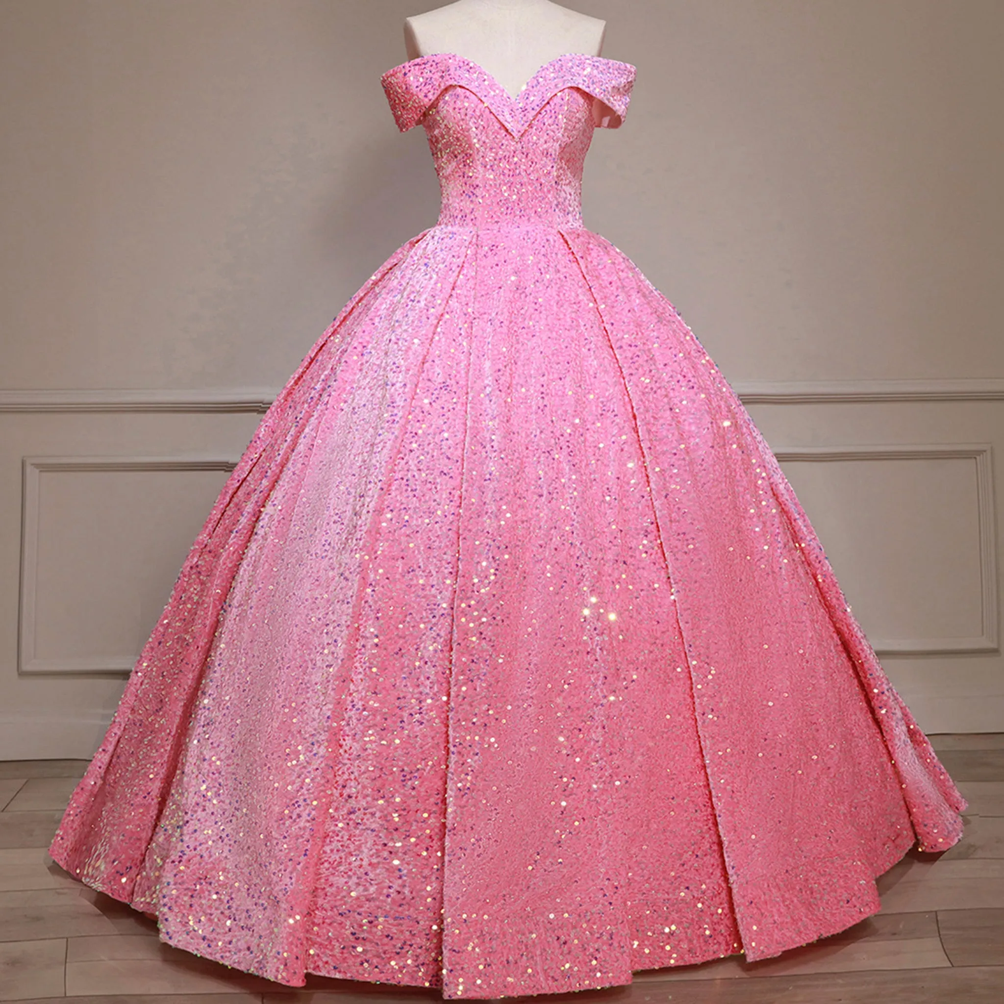 Off Shoulder V Neckline Sparkly Quinceanera Ball Gown