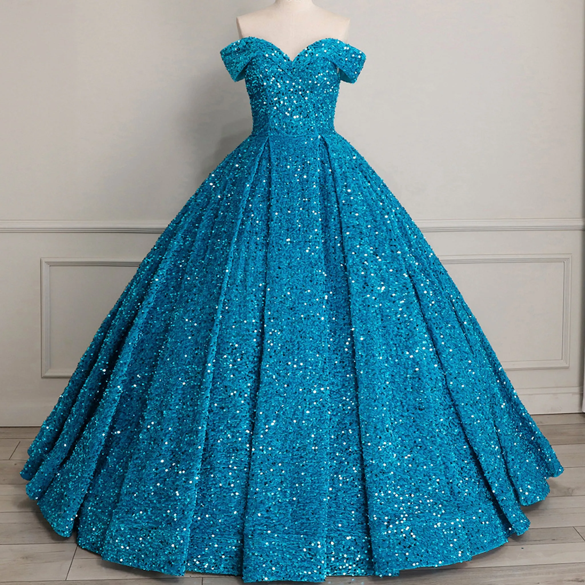 Off Shoulder V Neckline Sparkly Quinceanera Ball Gown