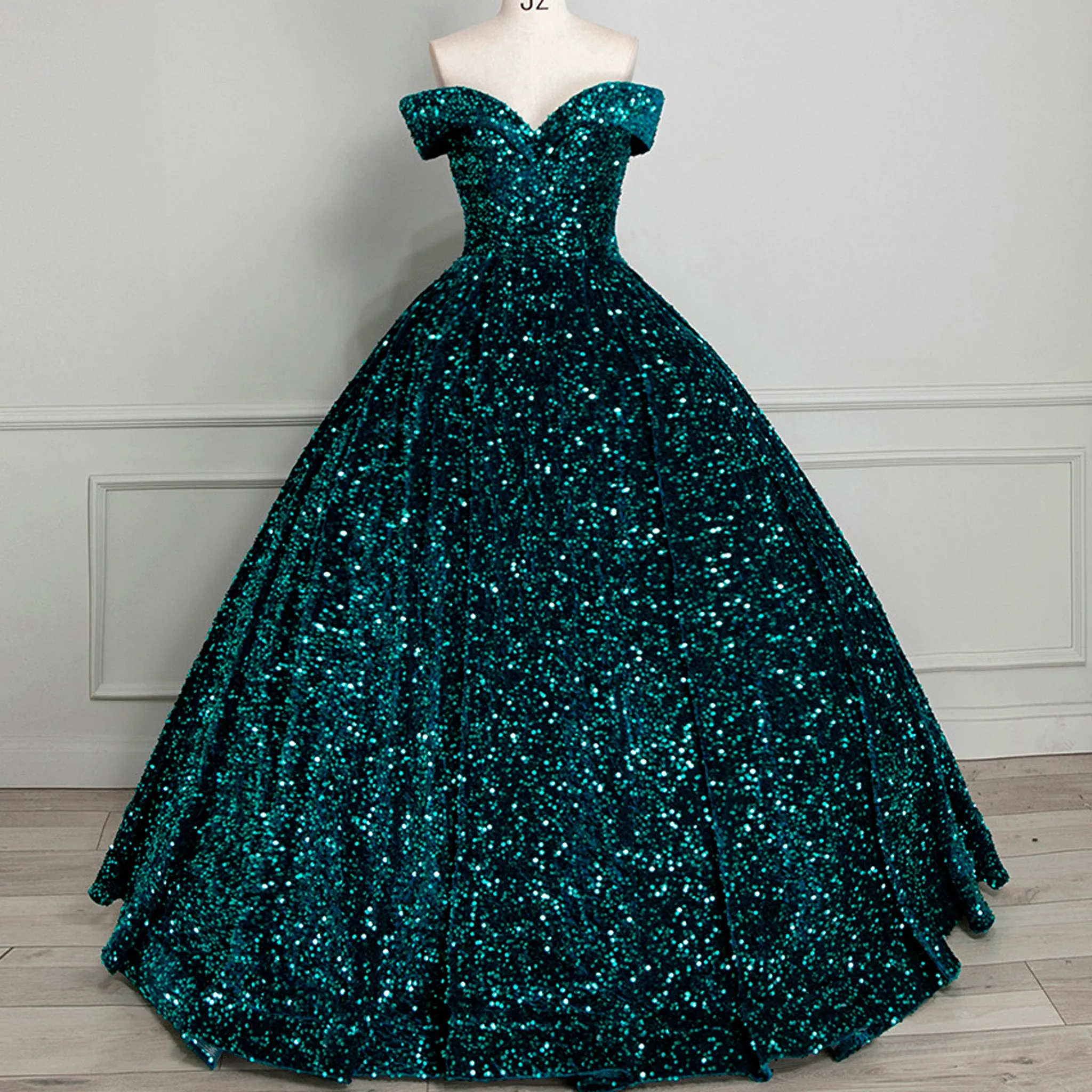 Off Shoulder V Neckline Sparkly Quinceanera Ball Gown