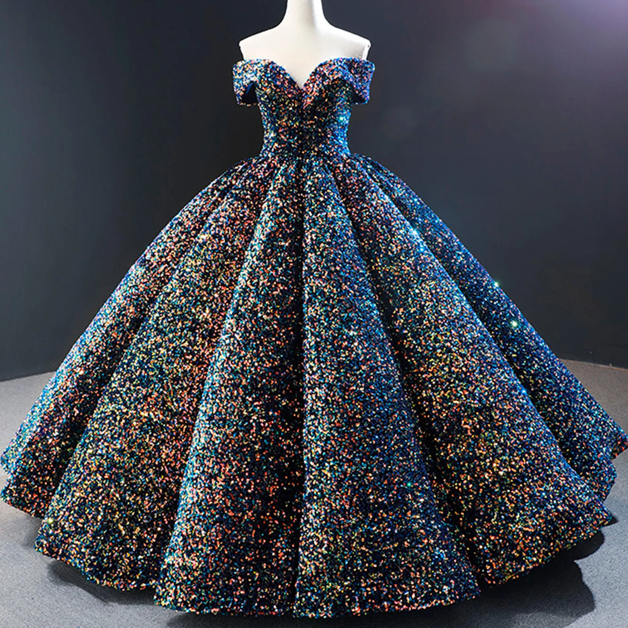 Off Shoulder V Neckline Sparkly Quinceanera Ball Gown