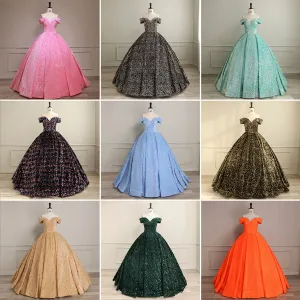 Off Shoulder V Neckline Sparkly Quinceanera Ball Gown