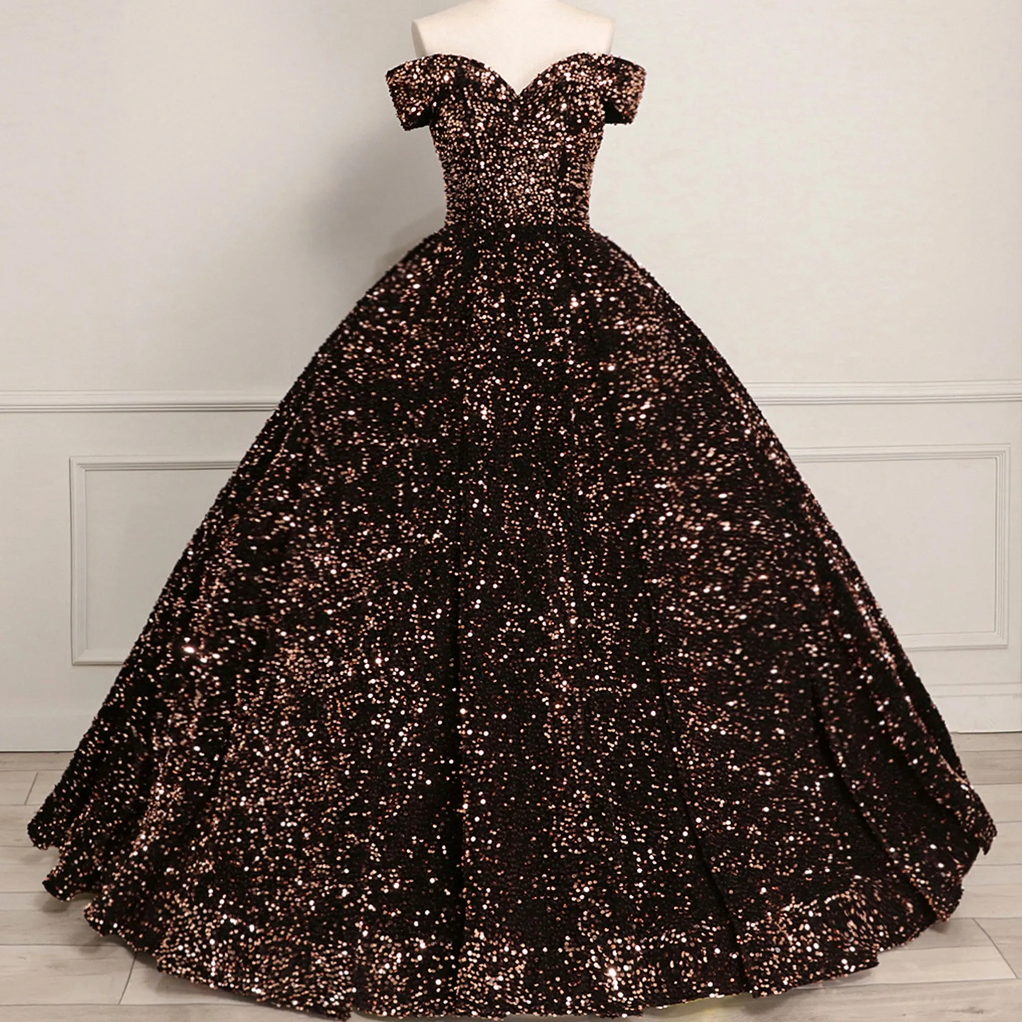 Off Shoulder V Neckline Sparkly Quinceanera Ball Gown