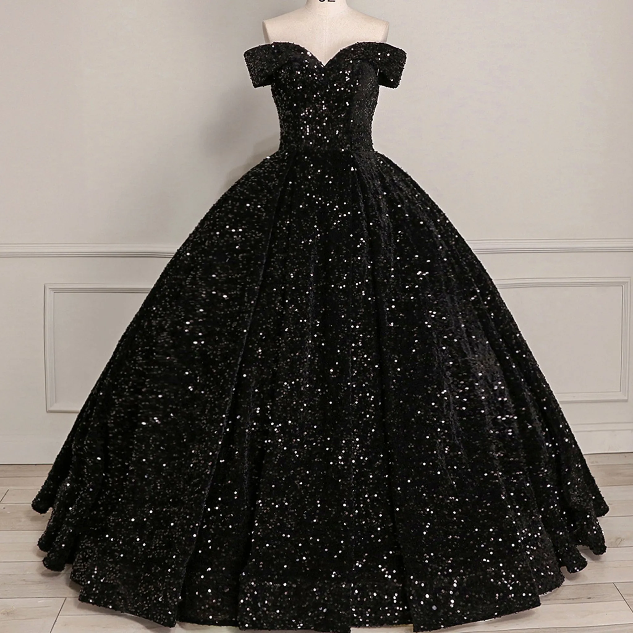 Off Shoulder V Neckline Sparkly Quinceanera Ball Gown