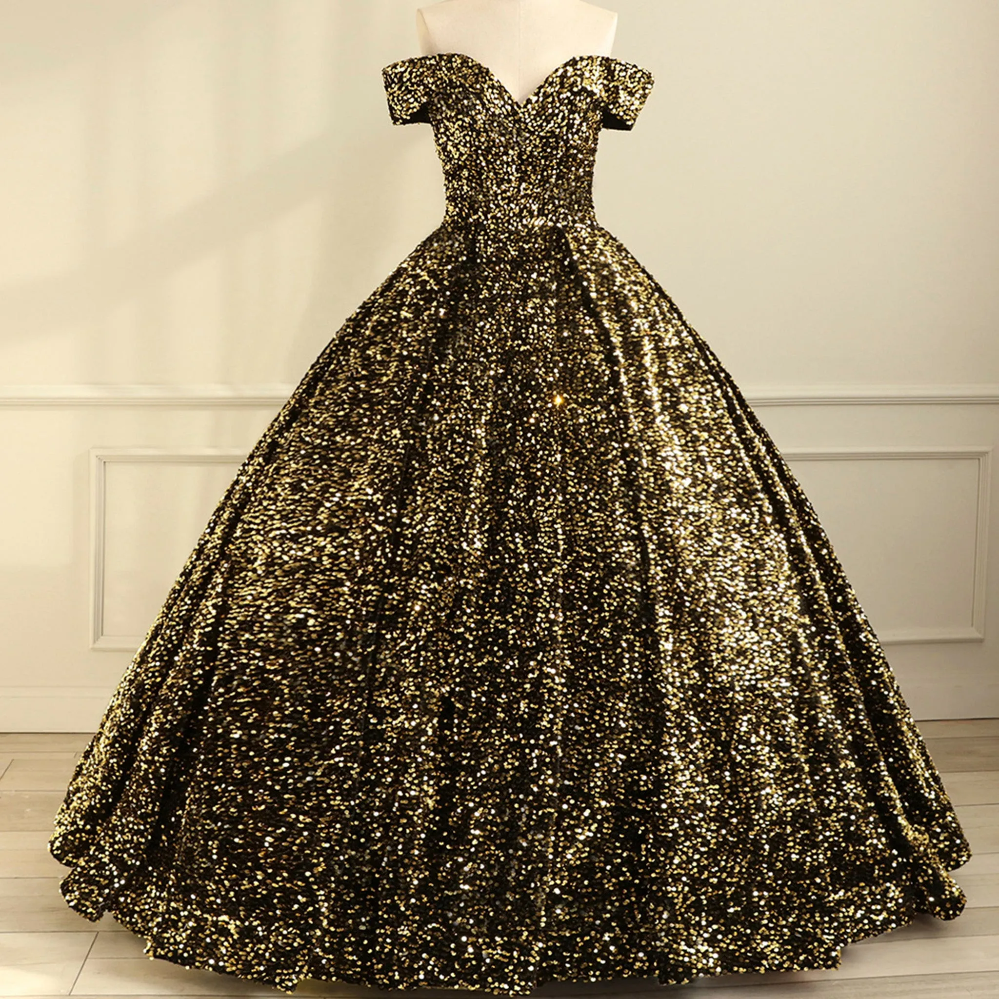 Off Shoulder V Neckline Sparkly Quinceanera Ball Gown