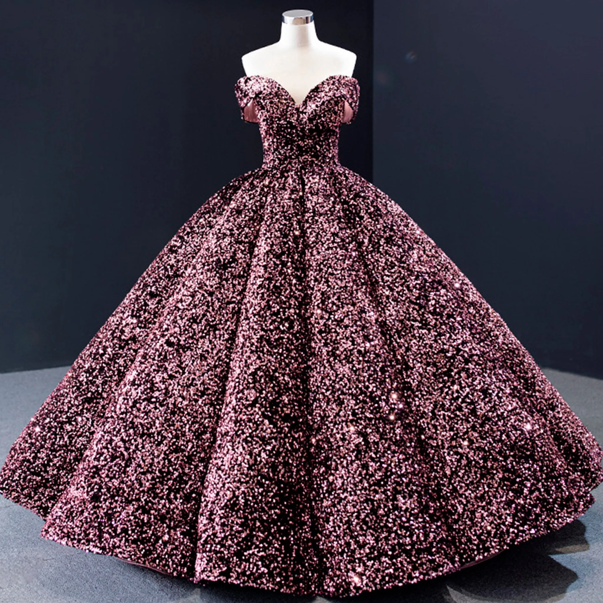 Off Shoulder V Neckline Sparkly Quinceanera Ball Gown