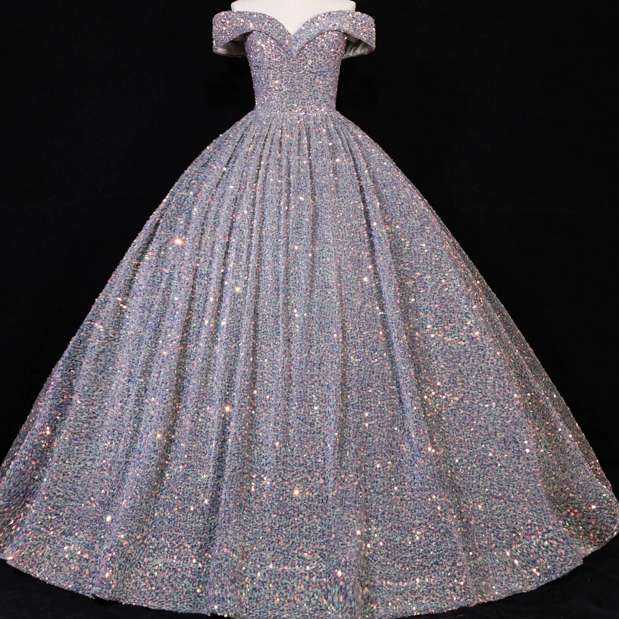 Off Shoulder V Neckline Sparkly Quinceanera Ball Gown