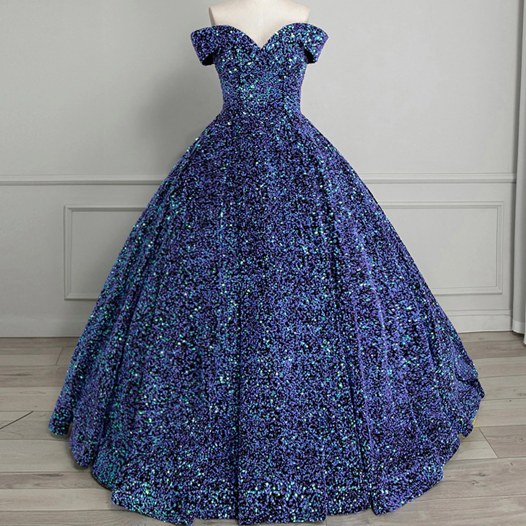 Off Shoulder V Neckline Sparkly Quinceanera Ball Gown