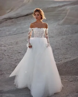 Off Shoulder Wedding Dresses Lace Appliques Beading Long Sleeves A-Line Customize To Measures Stunning Robe De Mariee For Women