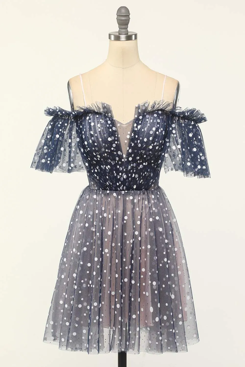 Off the Shoulder Navy Blue and Polk Dot Party Dress