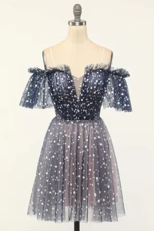 Off the Shoulder Navy Blue and Polk Dot Party Dress