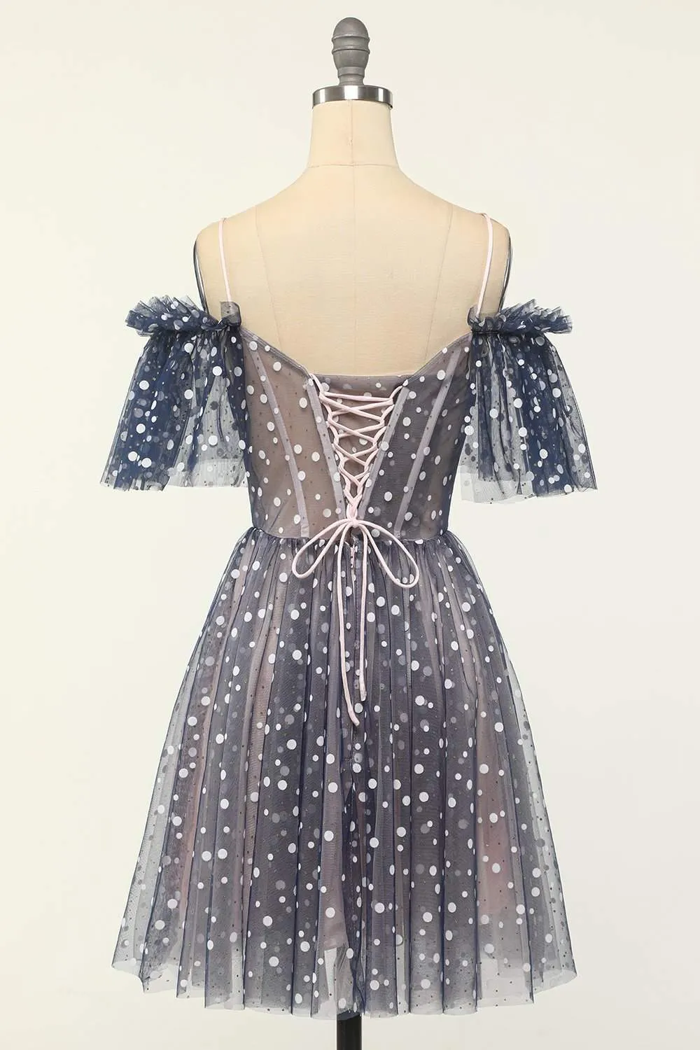 Off the Shoulder Navy Blue and Polk Dot Party Dress