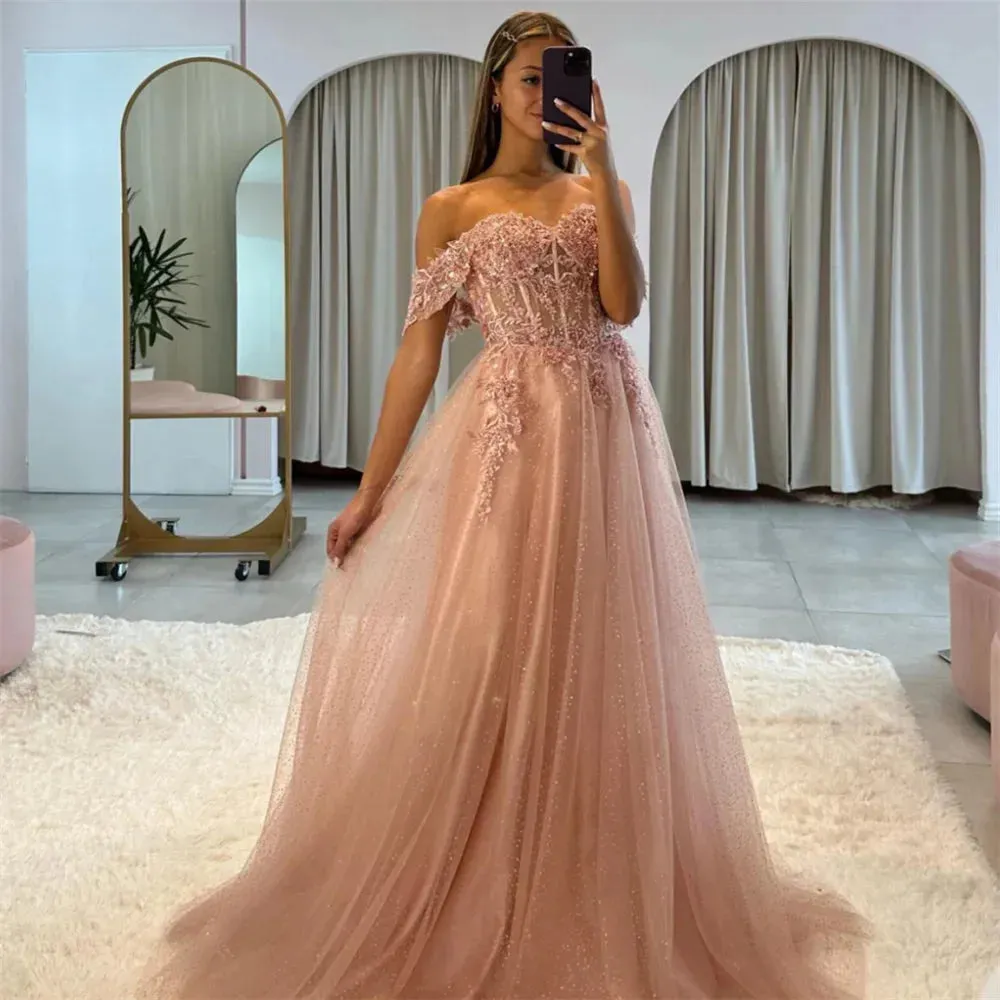 Off the Shoulder Prom Dresses Lace Appliques A-line Wedding Dress Elegant Sleeveless Floor-Length Vestidos De Fiesta