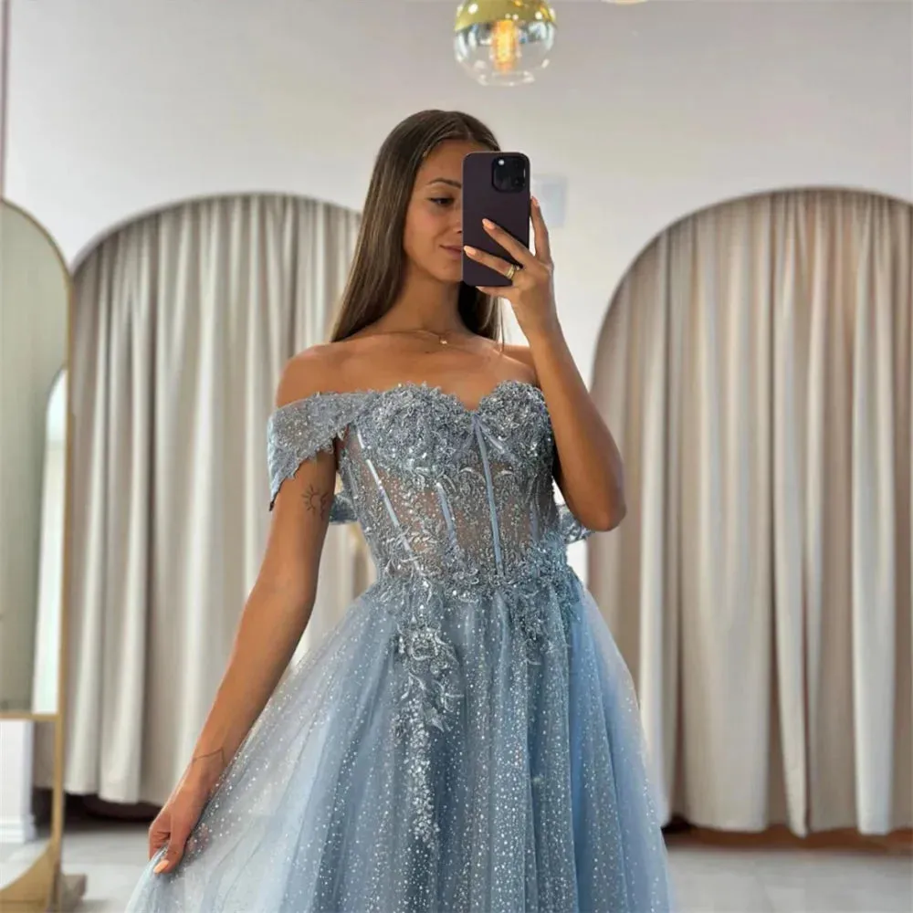 Off the Shoulder Prom Dresses Lace Appliques A-line Wedding Dress Elegant Sleeveless Floor-Length Vestidos De Fiesta