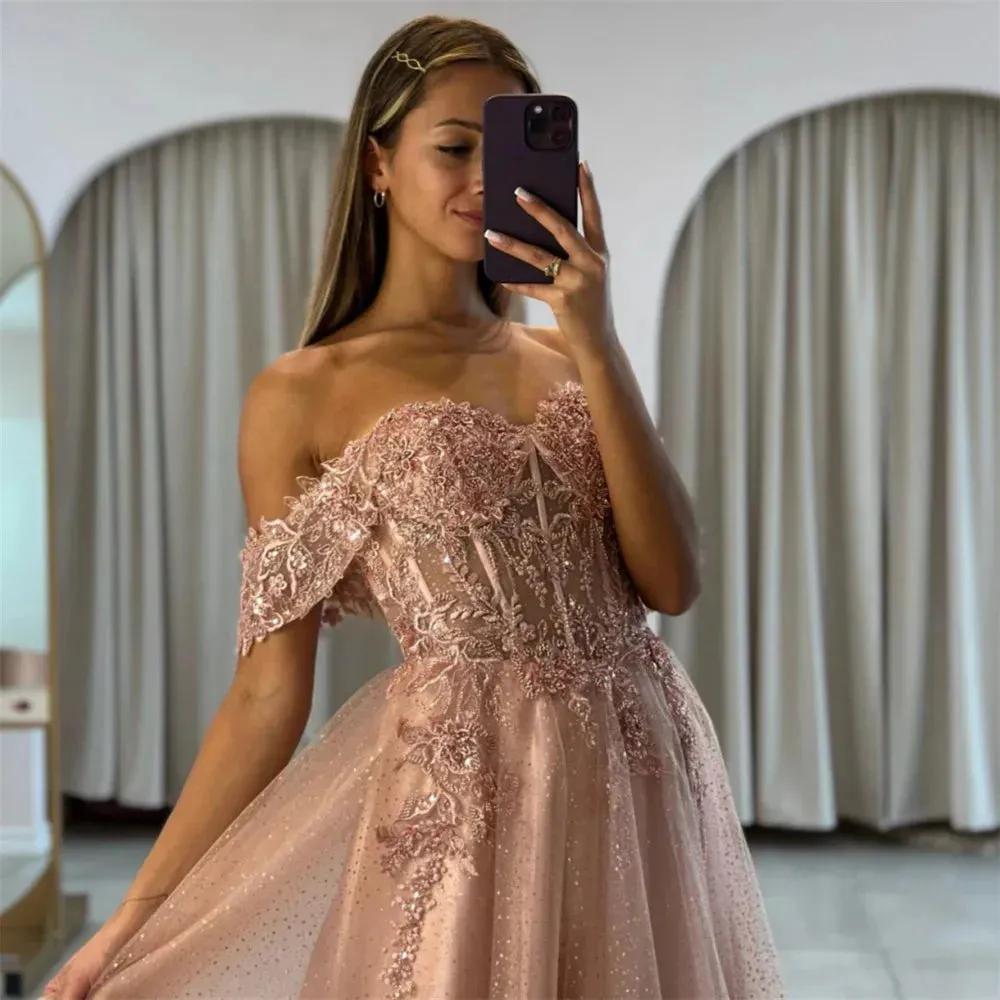 Off the Shoulder Prom Dresses Lace Appliques A-line Wedding Dress Elegant Sleeveless Floor-Length Vestidos De Fiesta