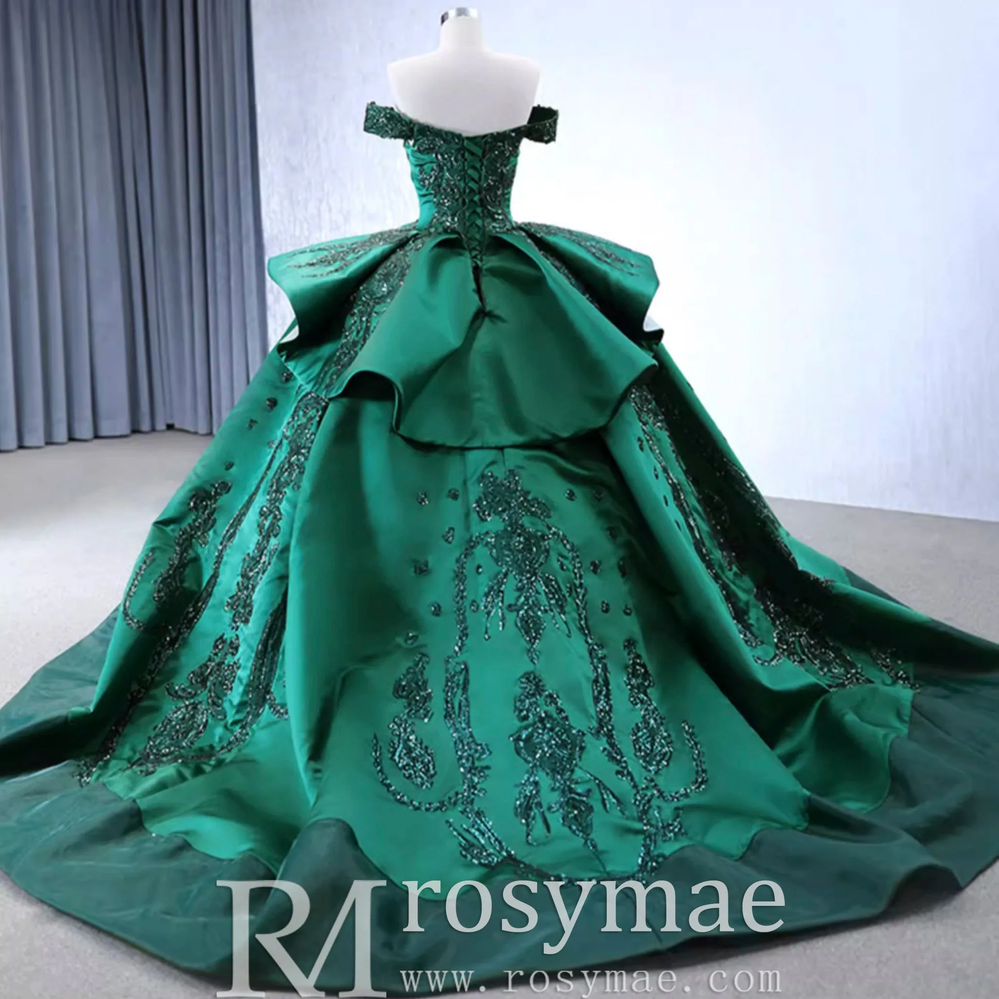 Off the Shoulder Sparkly Wedding Gown Ruffle Puffy Quince Dress