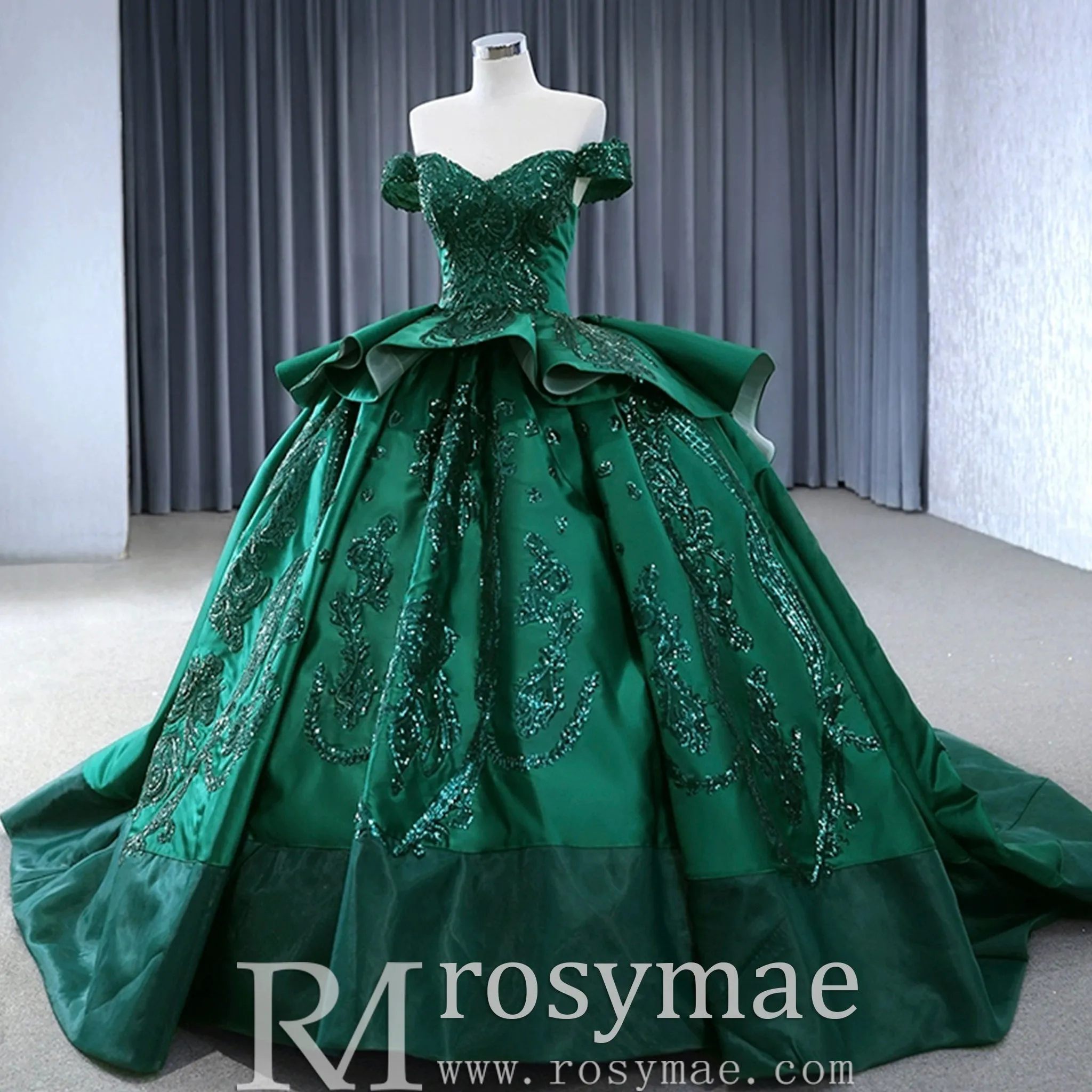 Off the Shoulder Sparkly Wedding Gown Ruffle Puffy Quince Dress