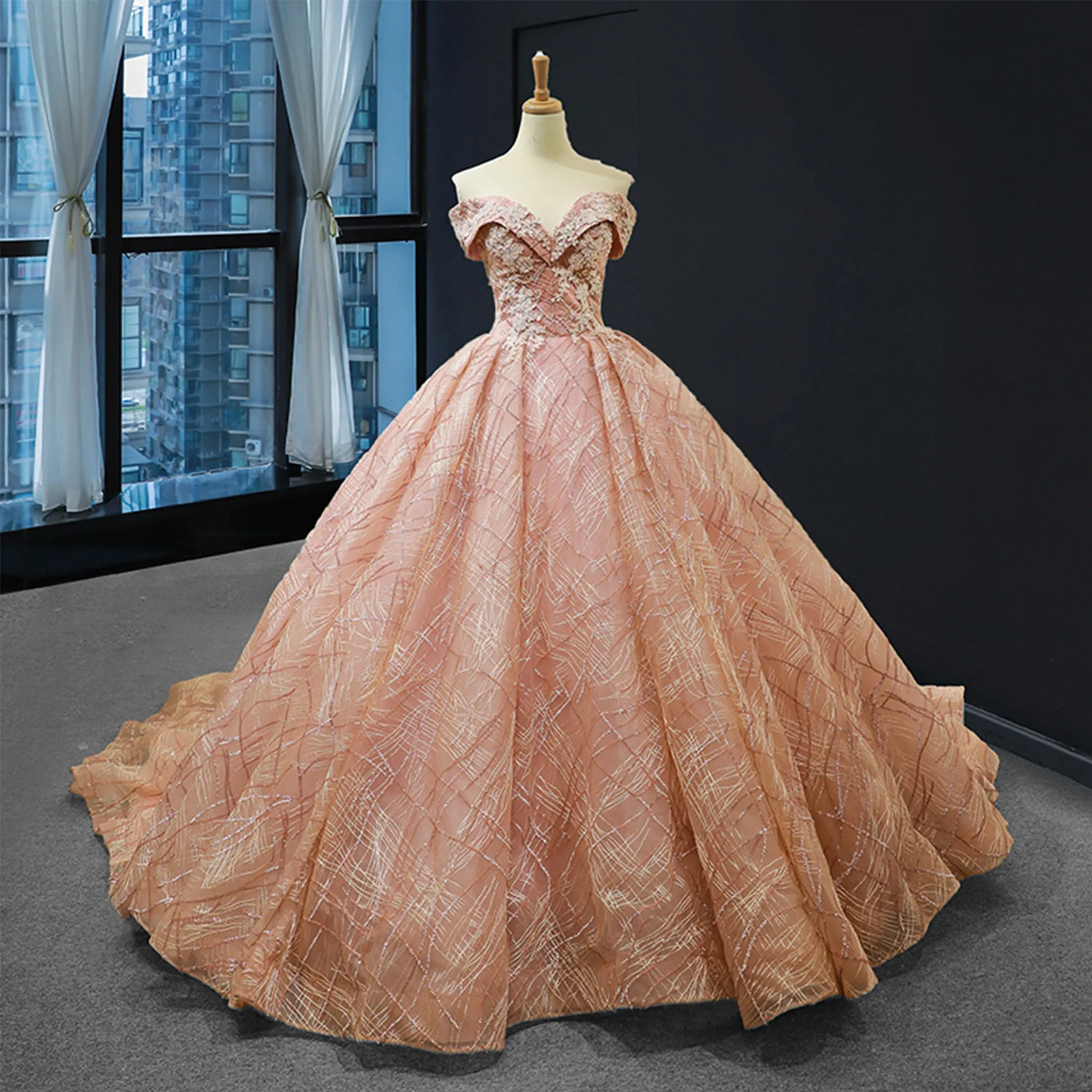 Off The Shoulder Sweetheart Ball Gown Sparky Quinceanera Prom Dresses