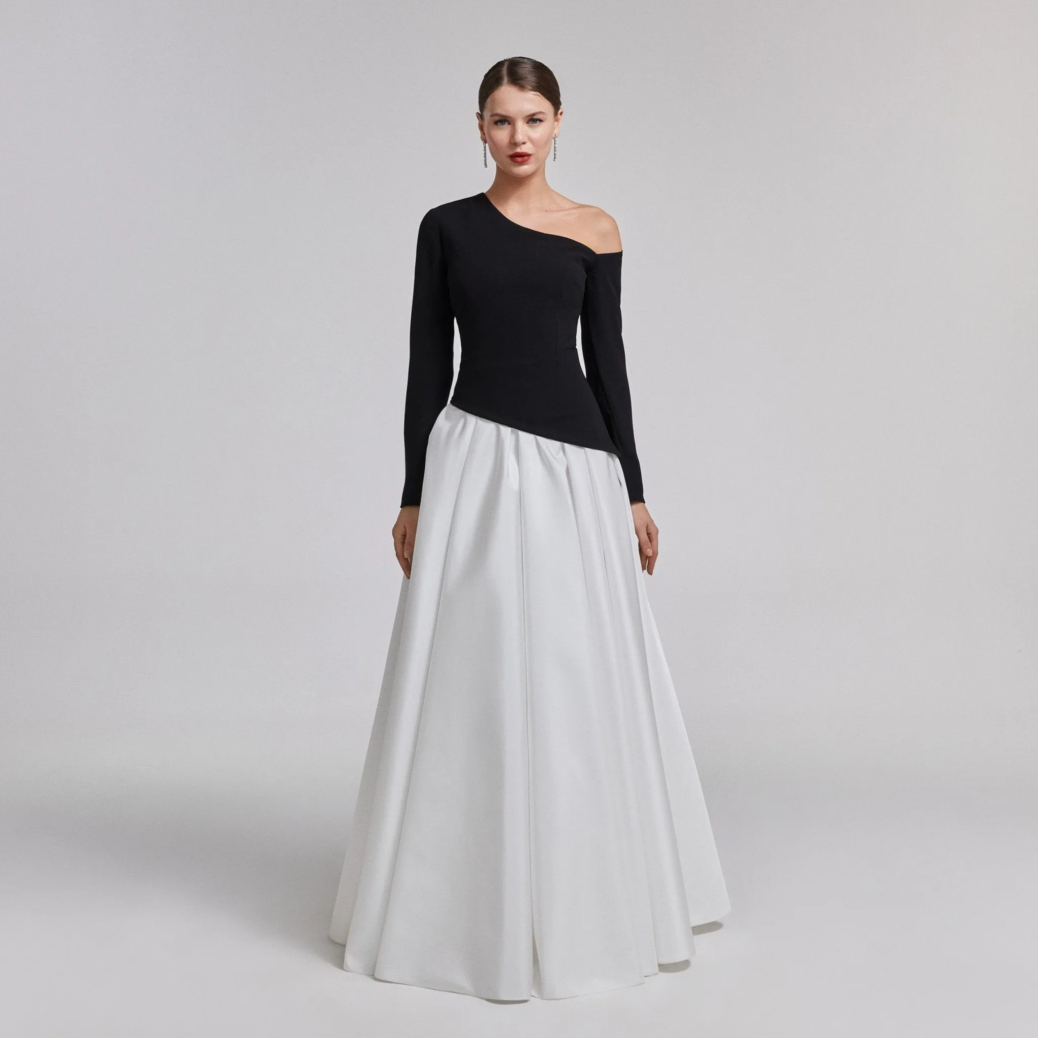 One-Shoulder Black & White Crepe and Taffeta Ball Gown