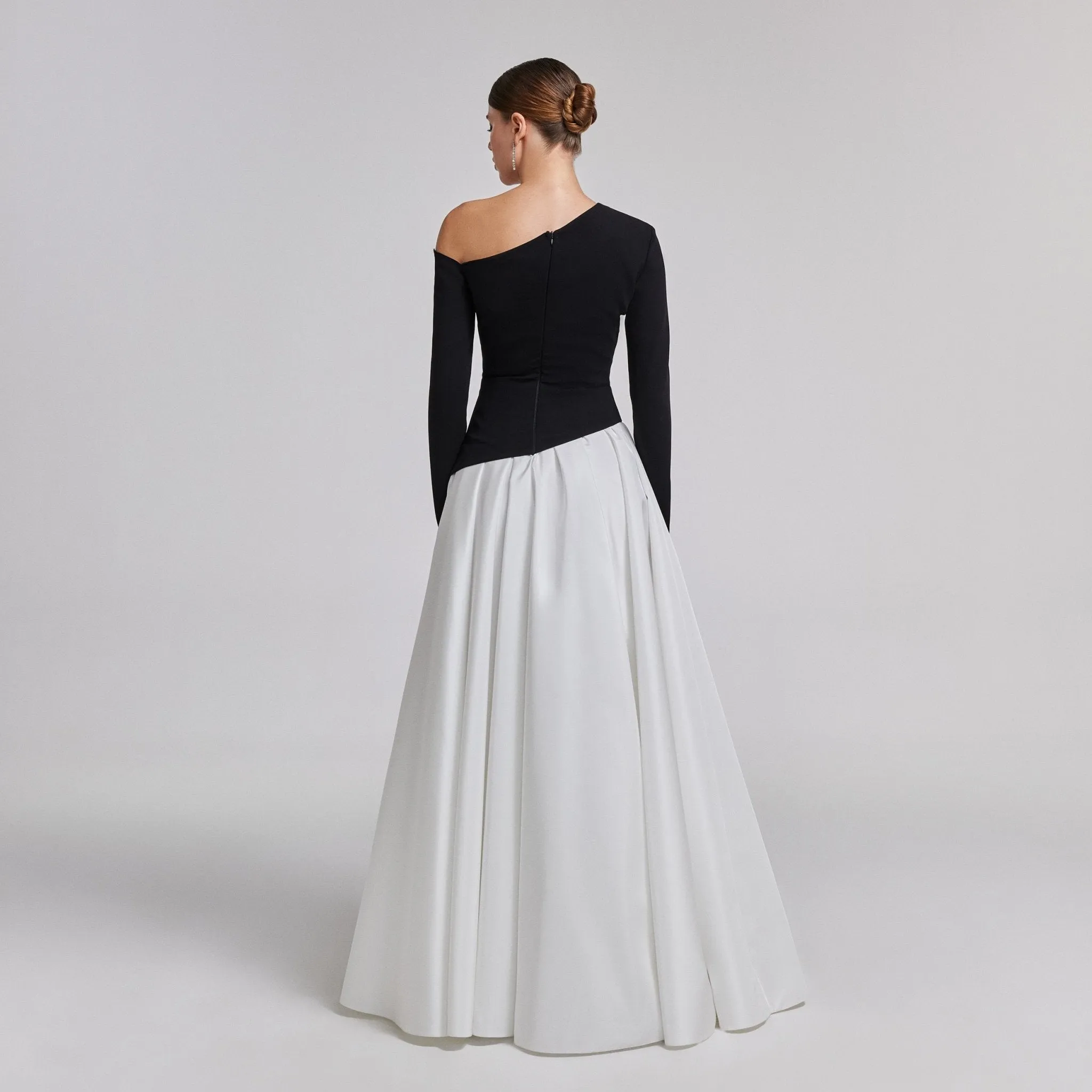 One-Shoulder Black & White Crepe and Taffeta Ball Gown