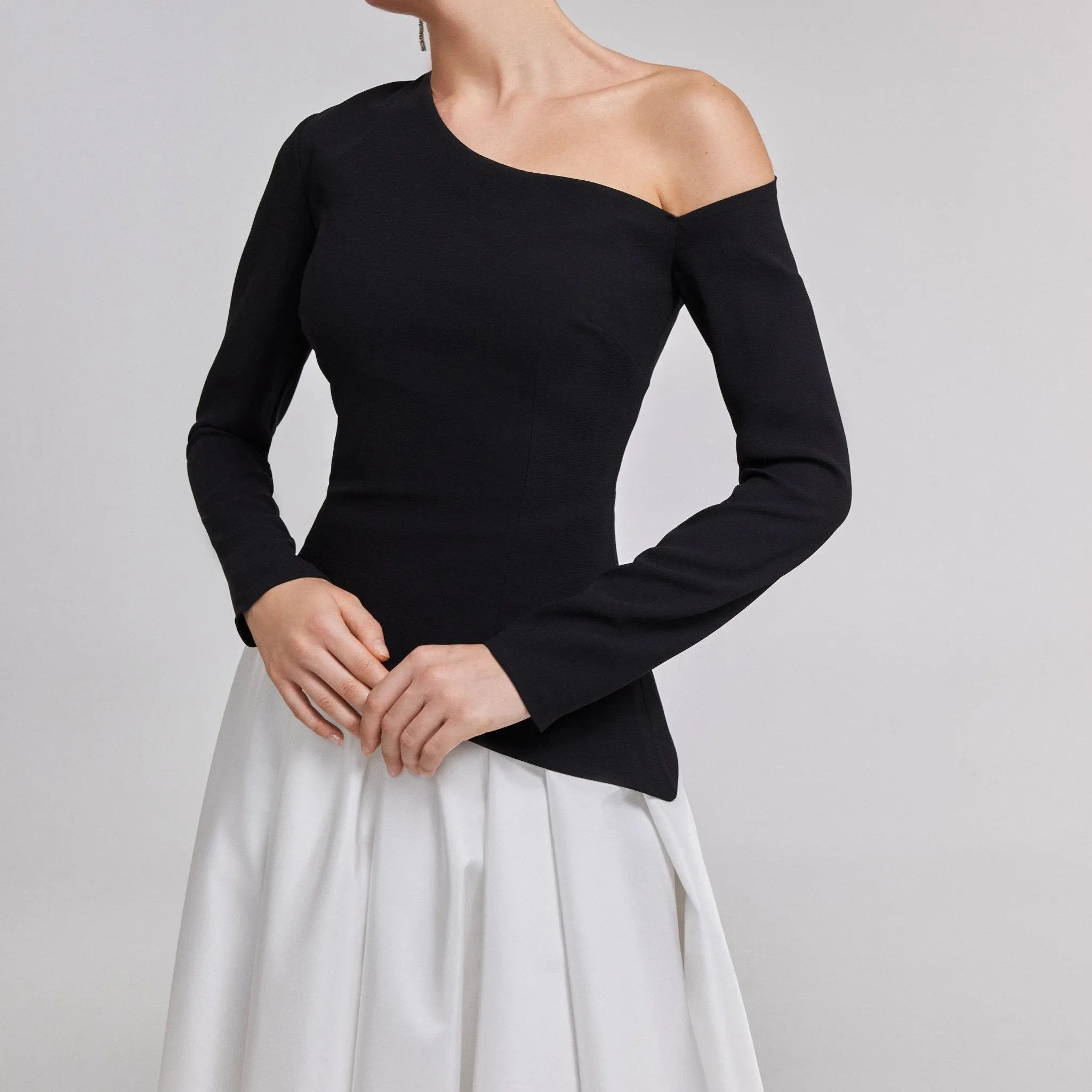 One-Shoulder Black & White Crepe and Taffeta Ball Gown