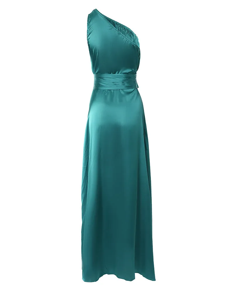 One Shoulder High Slit Satin Ruched Evening Dress