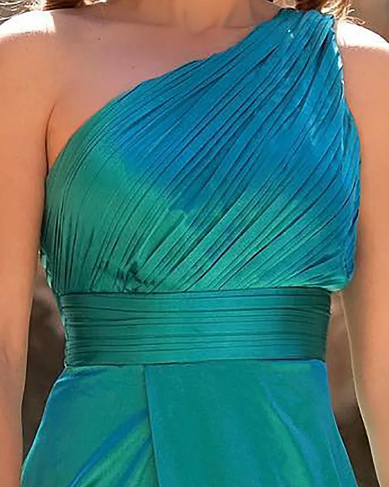 One Shoulder High Slit Satin Ruched Evening Dress