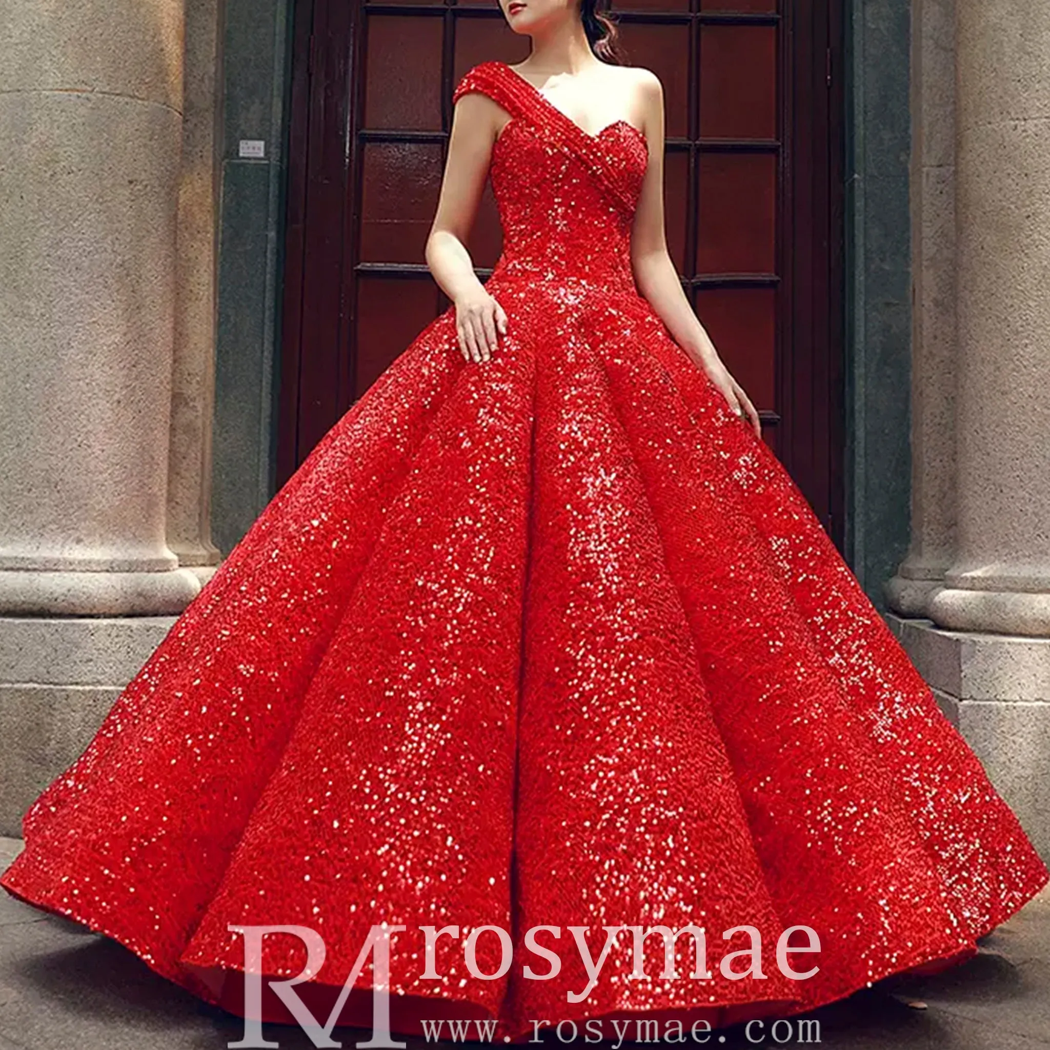 One Shoulder Puffy Skirt Sparkly Quinceanera Dresses
