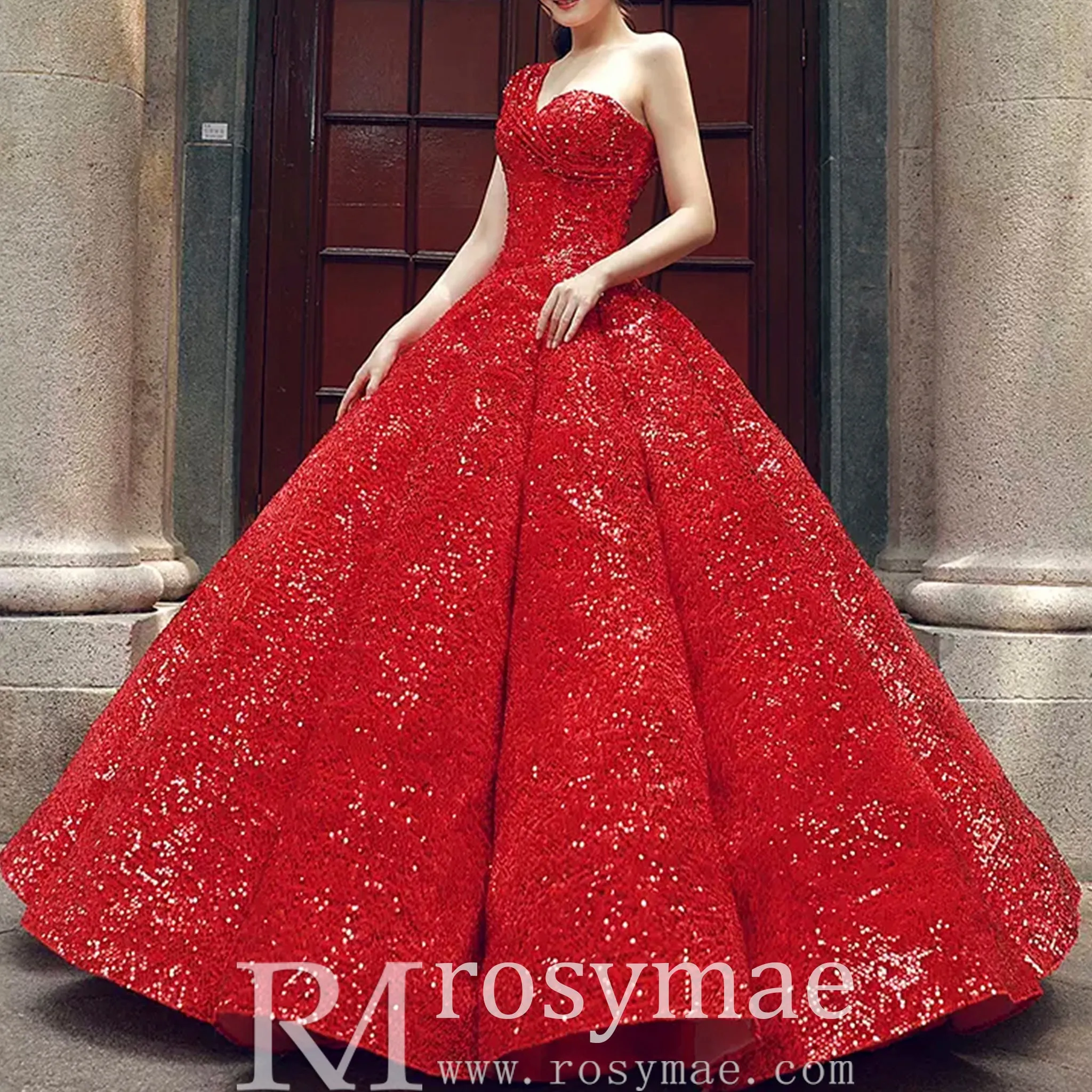 One Shoulder Puffy Skirt Sparkly Quinceanera Dresses