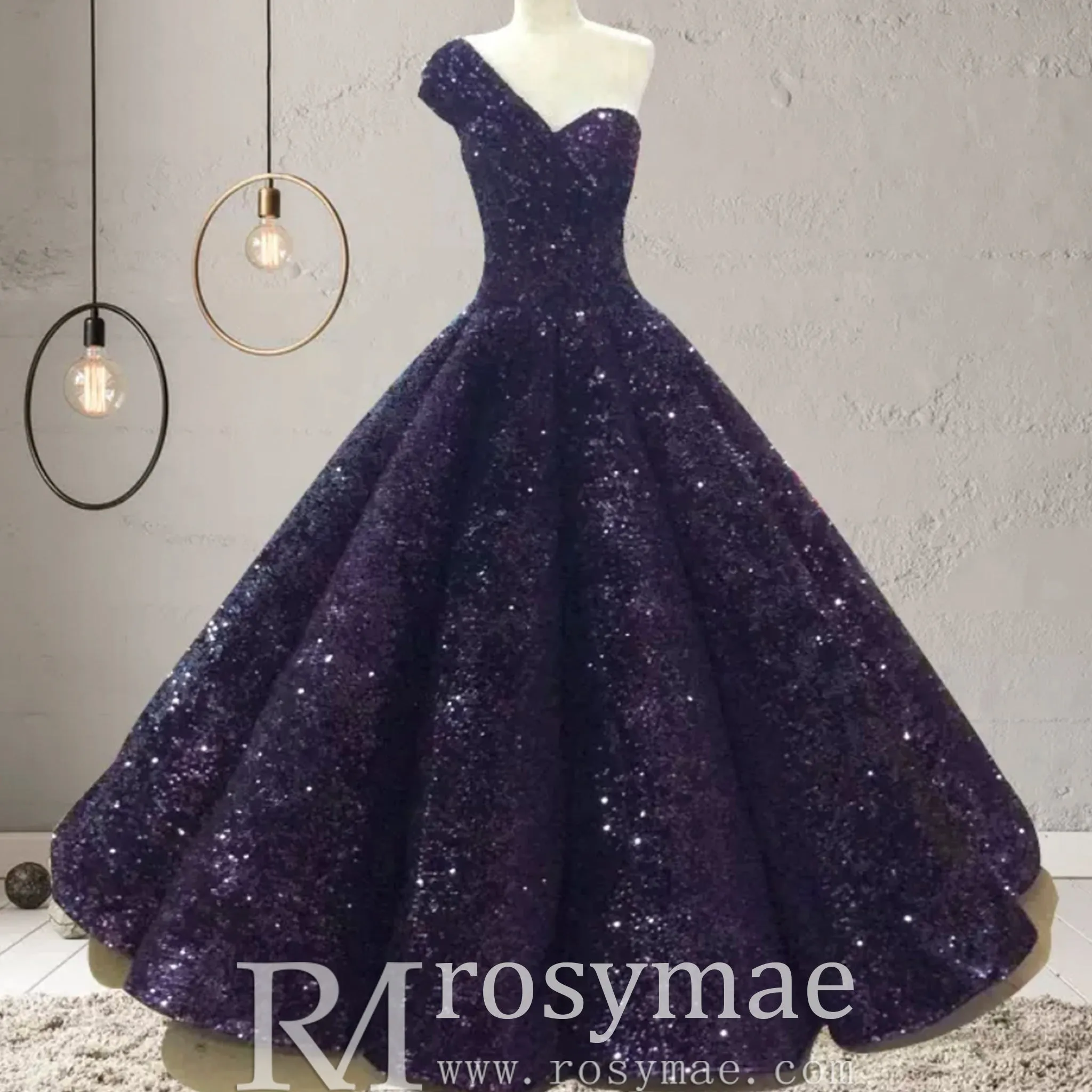 One Shoulder Puffy Skirt Sparkly Quinceanera Dresses