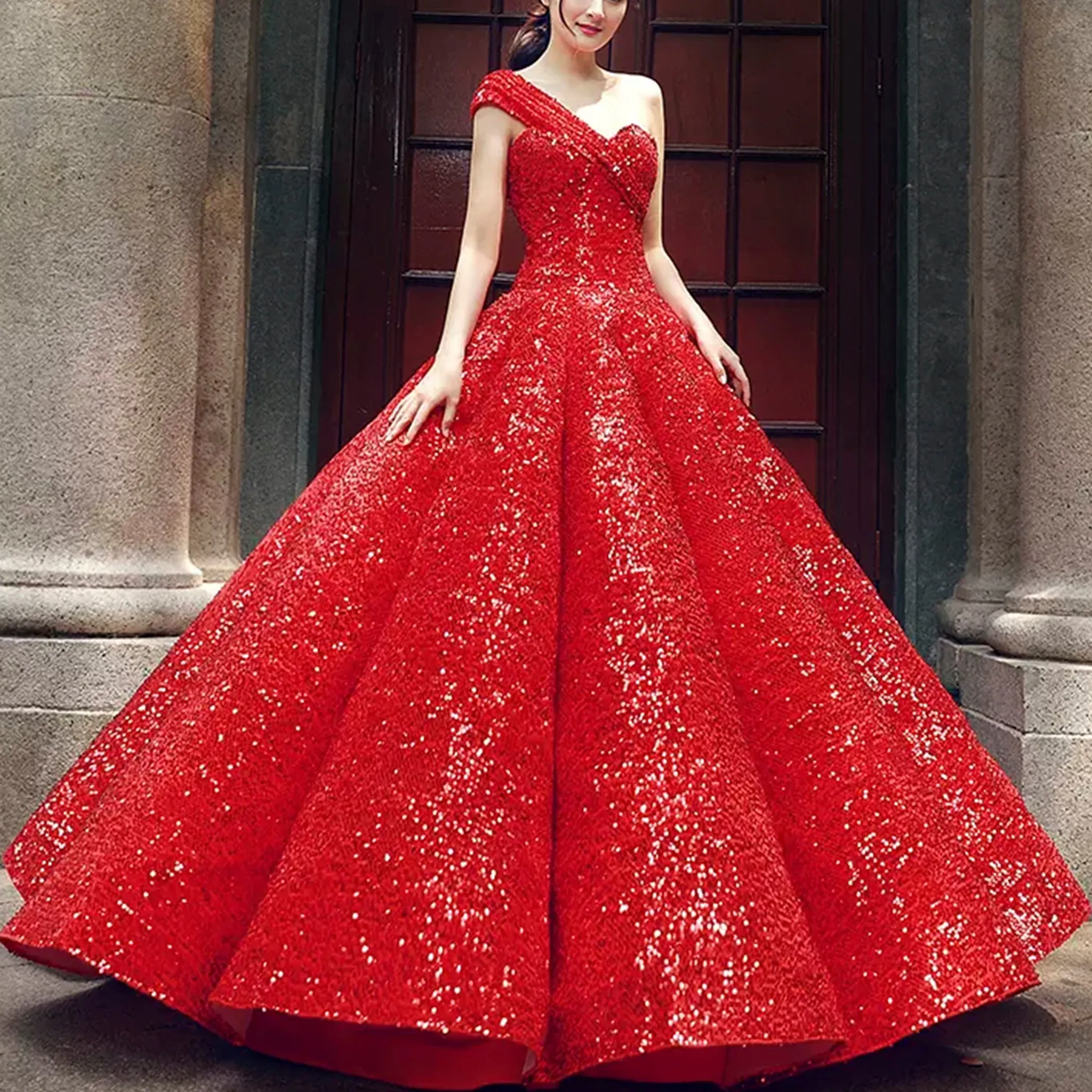 One Shoulder Puffy Skirt Sparkly Quinceanera Dresses