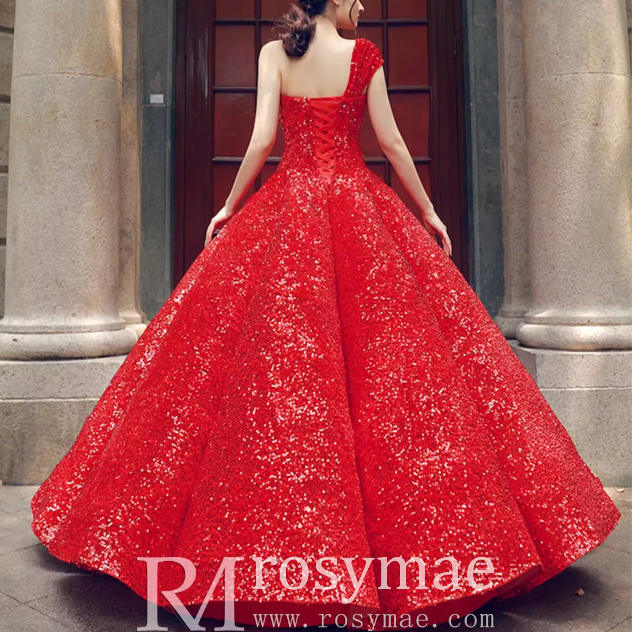 One Shoulder Puffy Skirt Sparkly Quinceanera Dresses