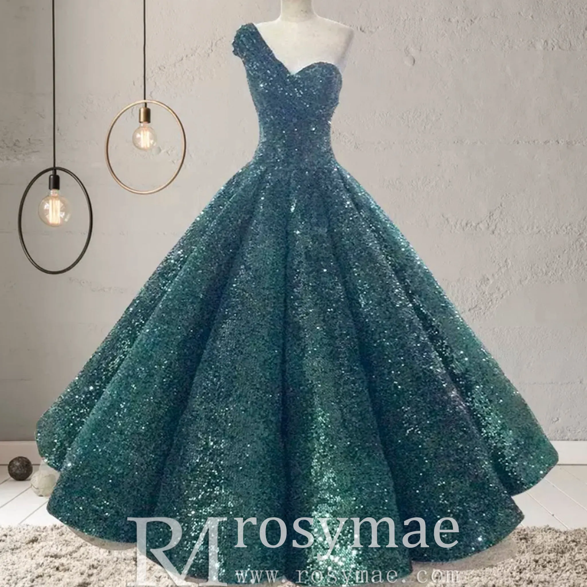 One Shoulder Puffy Skirt Sparkly Quinceanera Dresses