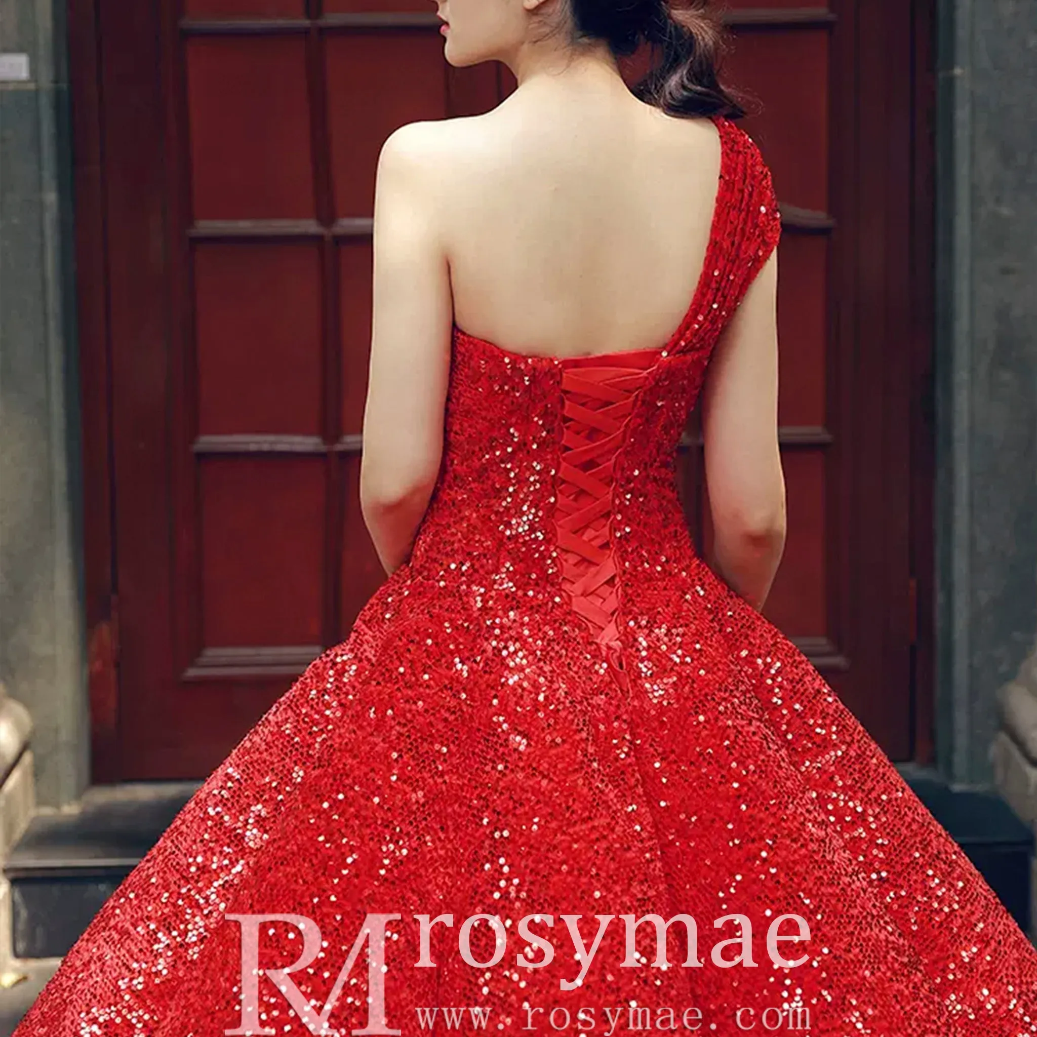 One Shoulder Puffy Skirt Sparkly Quinceanera Dresses