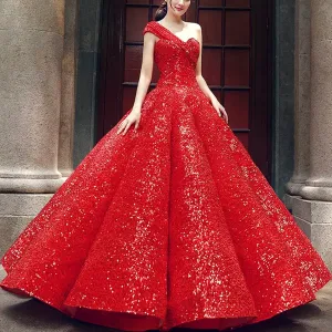One Shoulder Puffy Skirt Sparkly Quinceanera Dresses