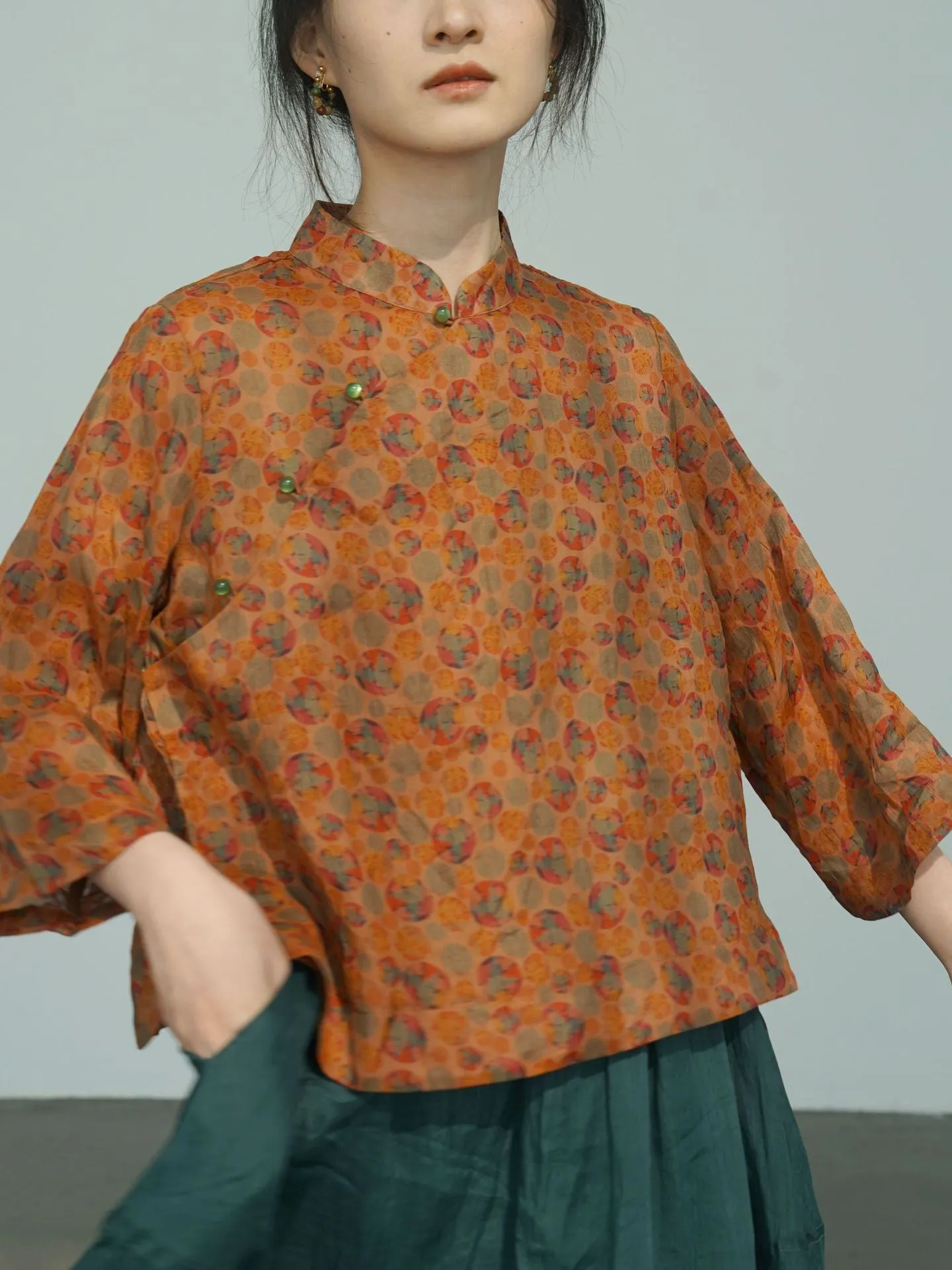 Orange Polka Dot Cheongsam Qipao Top