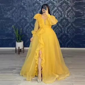 Organza Long Sleeves Prom Dresses Ruffles High Slit V-Neck Evening Gowns Women Formal Special Wedding Dress