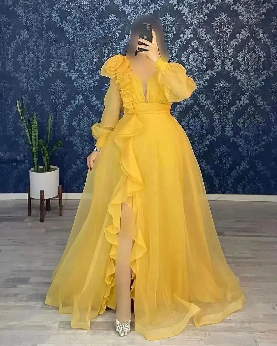 Organza Long Sleeves Prom Dresses Ruffles High Slit V-Neck Evening Gowns Women Formal Special Wedding Dress