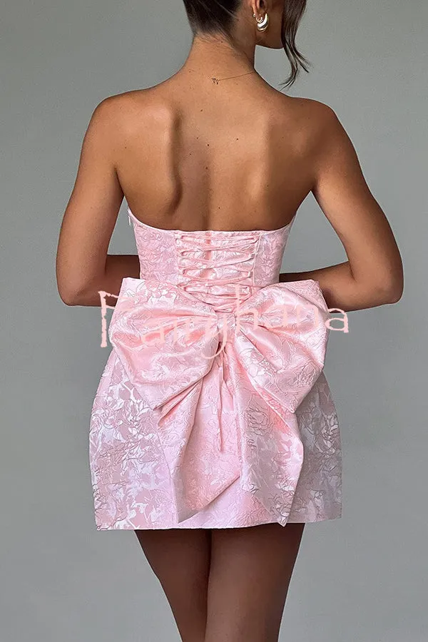 Palace Style Jacquard Fabric Off Shoulder Backless Lace-up Bow Mini Dress