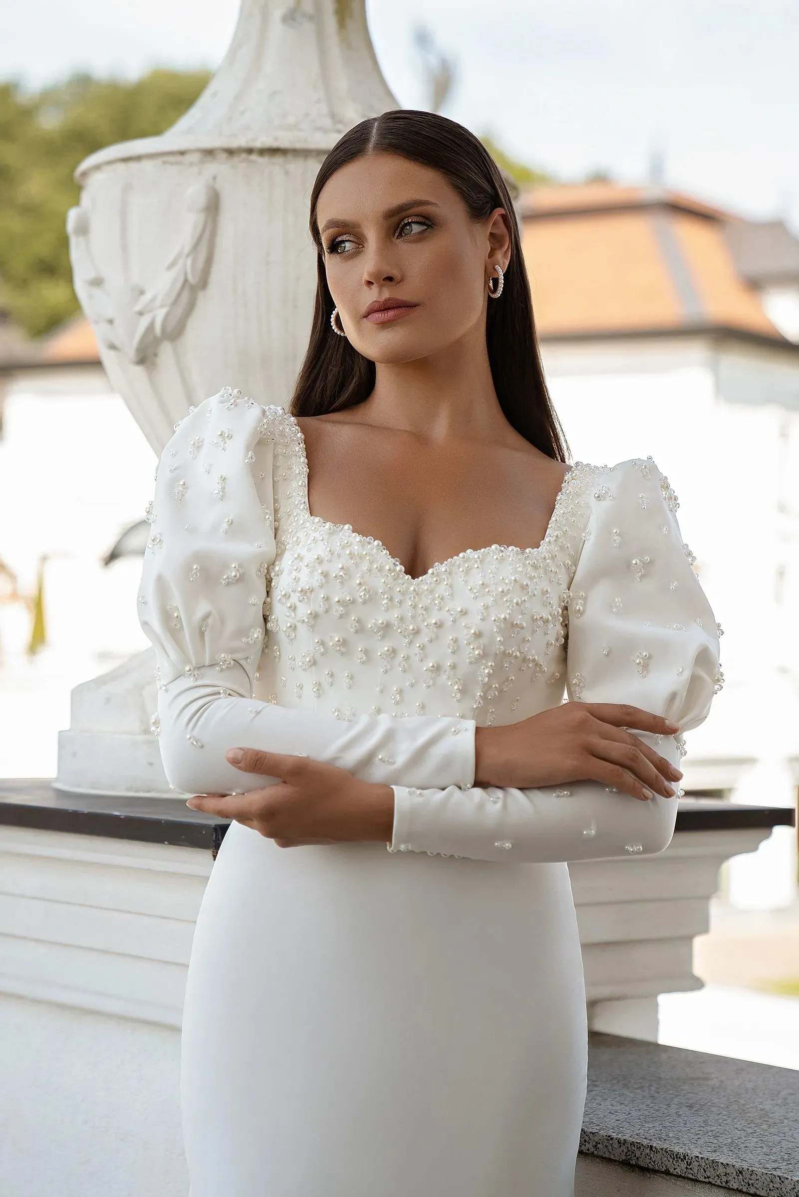 Pearl Wedding Dresses Sweetheart Long Sleeves Custom Size Sweep Trian Mermaid Bridal Gown Bride
