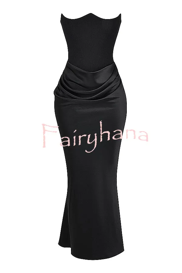 Persephone Crepe and Satin Patchwork Off Shoulder Ruched Maxi Dress