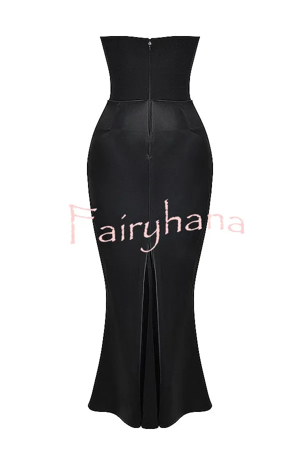 Persephone Crepe and Satin Patchwork Off Shoulder Ruched Maxi Dress