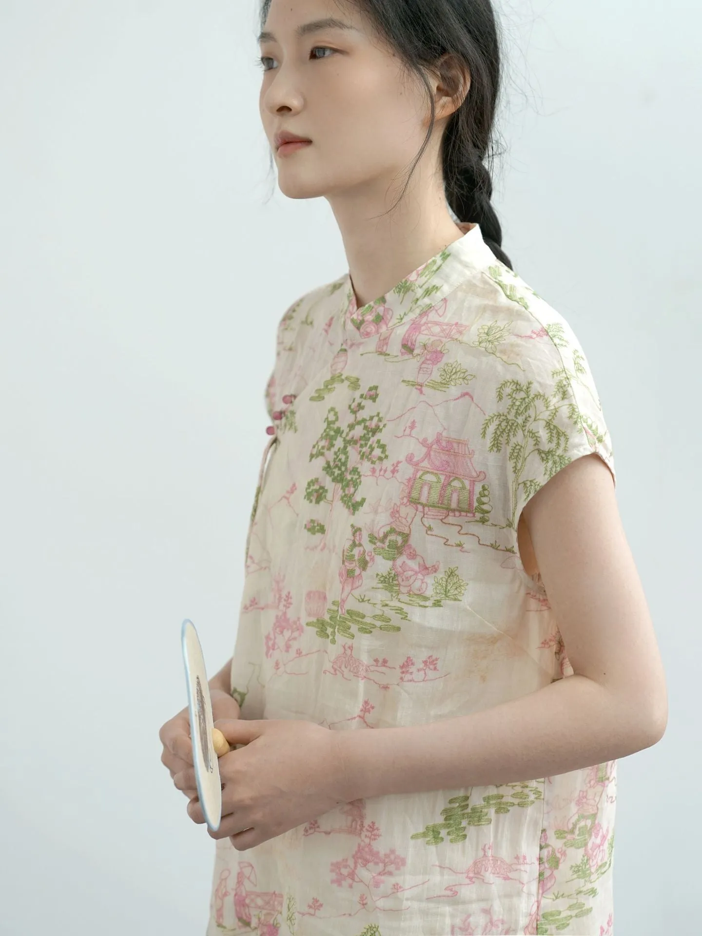 Pink and Green Painting Cheongsam Qipao Dress