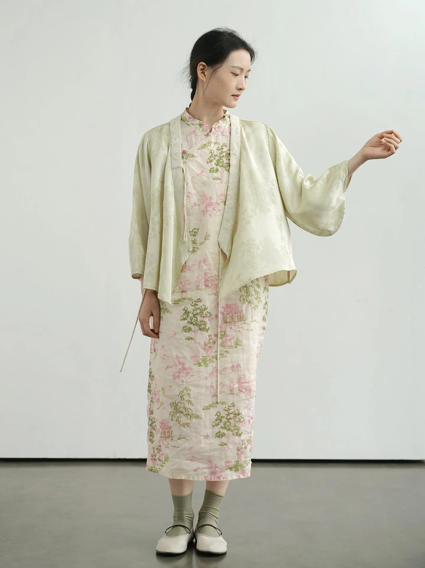 Pink and Green Painting Cheongsam Qipao Dress